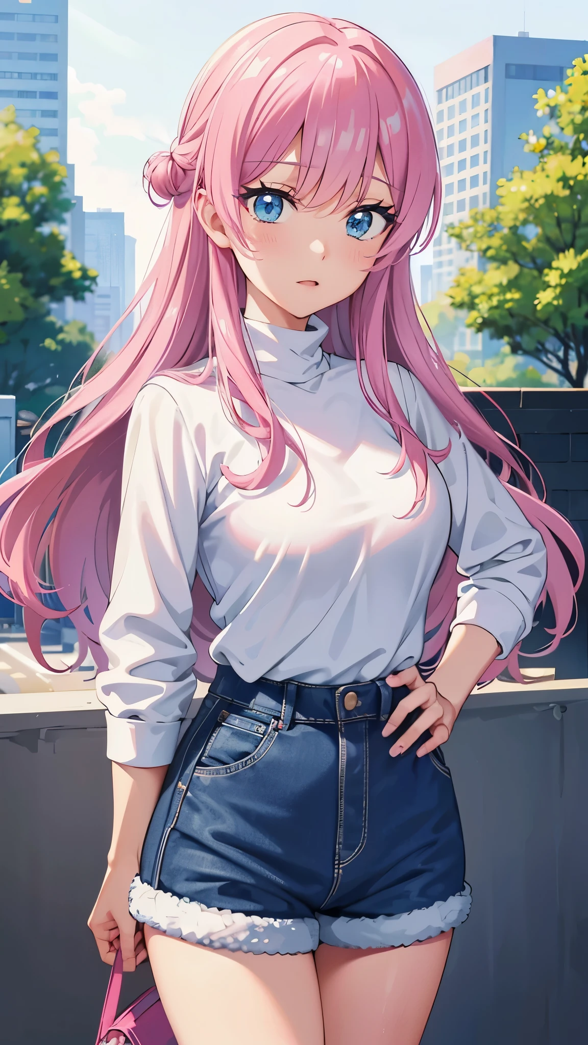 A woman with pink hair and blue eyes standing in front of a building -  SeaArt AI