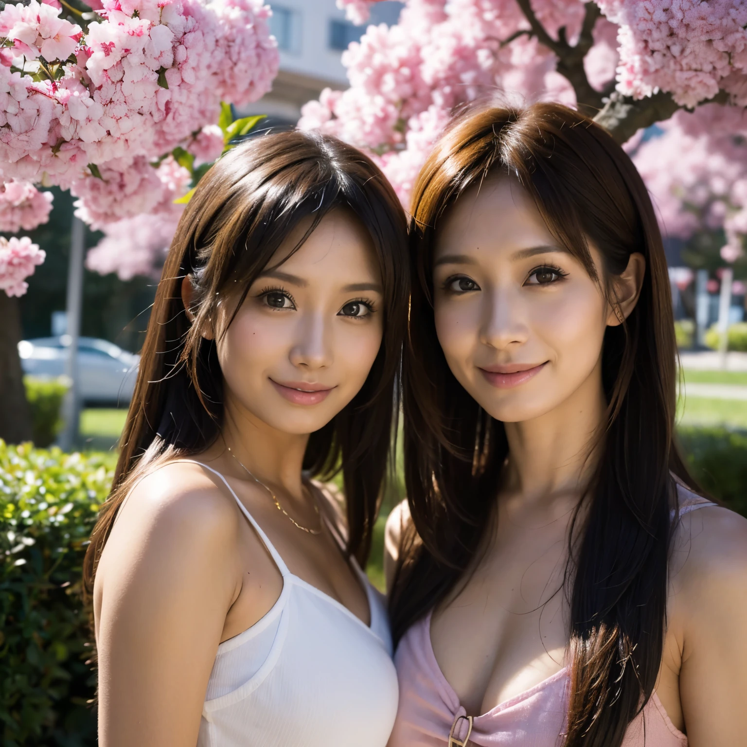 (highest quality,4K,High resolution,masterpiece:1.2),super detailed,(realistic:1.37),portrait,anime style,colorful,cityscape,garden,sunset,(busy street, lively atmosphere),Identical twin sisters facing each other (kind,kind) eyes and (soft,smile) lips,two people very similar (sharp,intense) eyes and (With confidence,Decided) lips.The girl&#39;s face and expressions are also precisely reproduced., I can see every single hair, Intricate costumes that reflect their personality, elegant and dynamic pose, (the emotions on their faces),(A slight breeze gently blows their hair),Bright city lights illuminating the background,Shadow and light contrast, warm color tones and soft ambiance, beautiful (Cherry Blossom,Fallen leaves) floating in the air,Create enchanting, dream-like scenes.