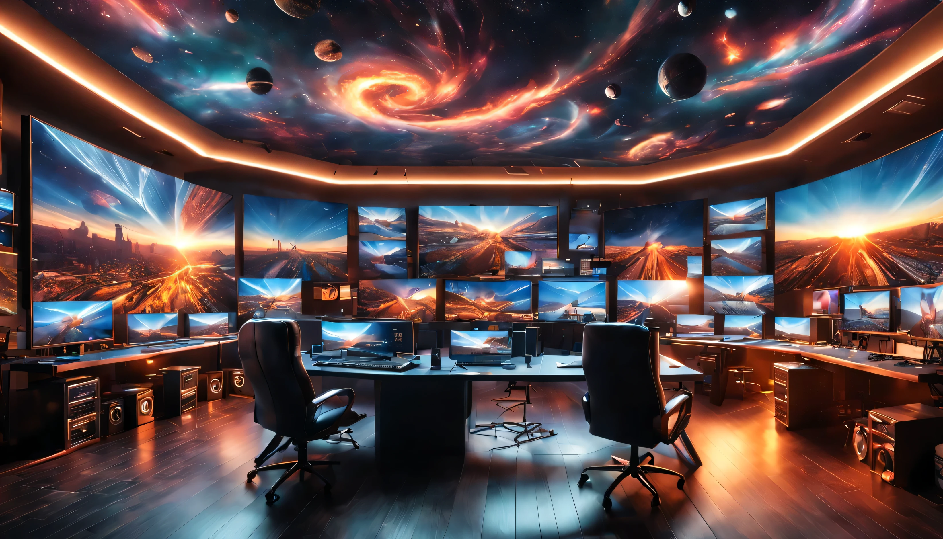 there are many televisions and monitors in this room with a lot of desks, sitting at a control center, crt screens in background, tv screens in background, 8 k post production, 8k post production, sports broadcast, a wide shot, 8 k post - production, 8k post-production, many screens, galaxy center remotely visible. beautiful ceiling