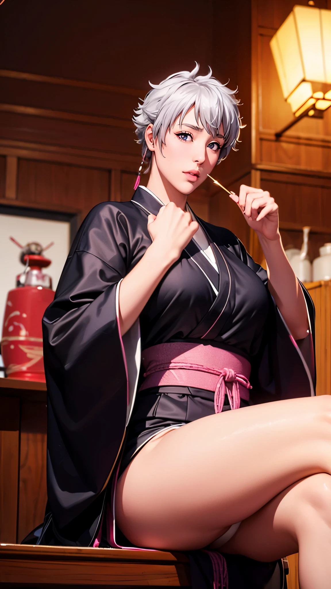 （（（Perfect figure，figure，long sleeves, japanese clothes, kimono, haori, black kimono, hakama, black hakama,（（（isane kotetsu, short hair, braid, white hair, (purple eyes:1.1), hair braid, ））），（（（wide hips））），S-shaped figure:1.7））），((masterpiece)),high resolution, ((Best quality at best))，masterpiece，quality，Best quality，（（（ Exquisite facial features，looking at the audience,There is light in the eyes，blush，Happy））），（（（Interlacing of light and shadow，huge ））），（（（looking into camera，Ghost Road，glow，from below，look up,sit astride，spread legs，Put your hands behind your back）））