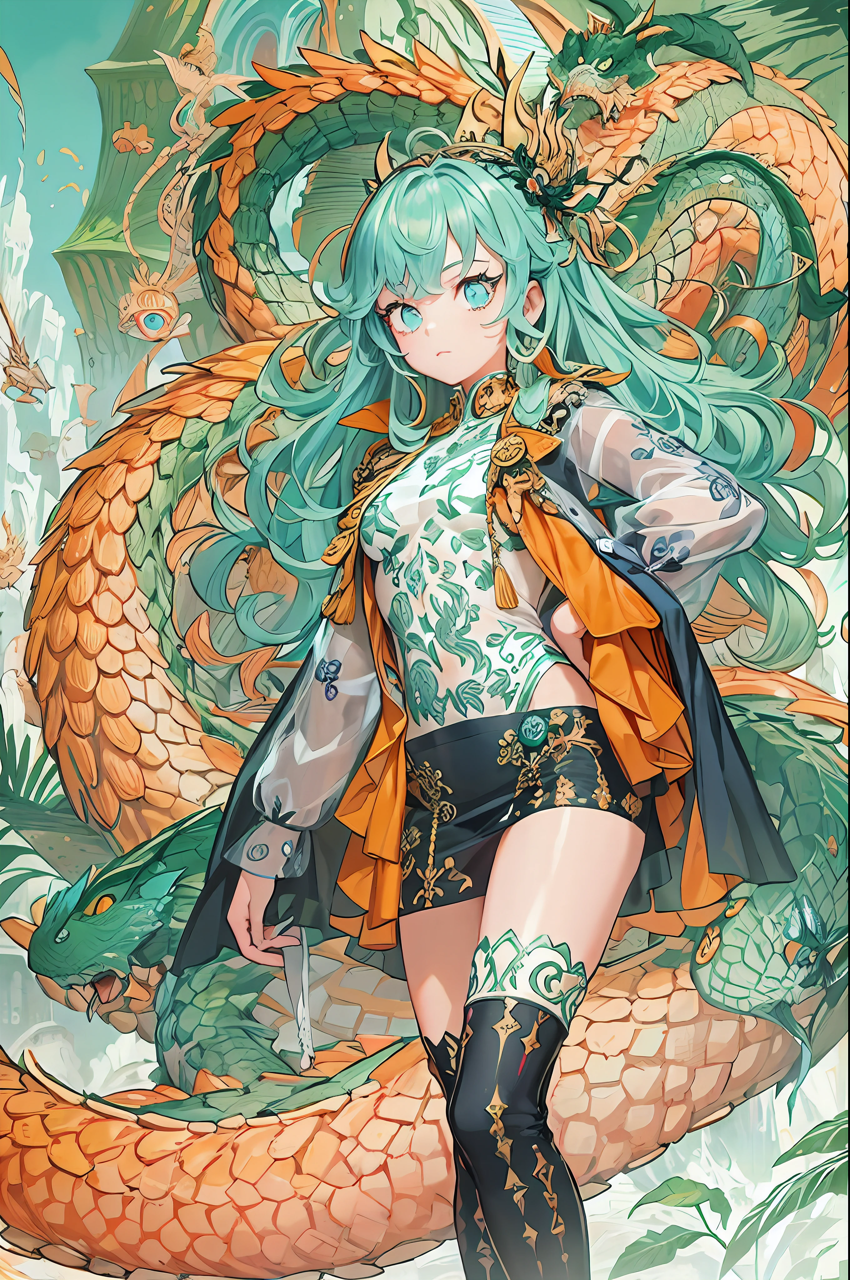 "1 girl with orange and blue hair and bright silver eyes, Wear modern and stylish clothing, Have super curly hair. She strikes a cute floating pose, Surrounded by magnificent and detailed backgrounds. There is also a dragon with green scales and red eyes in the scene."