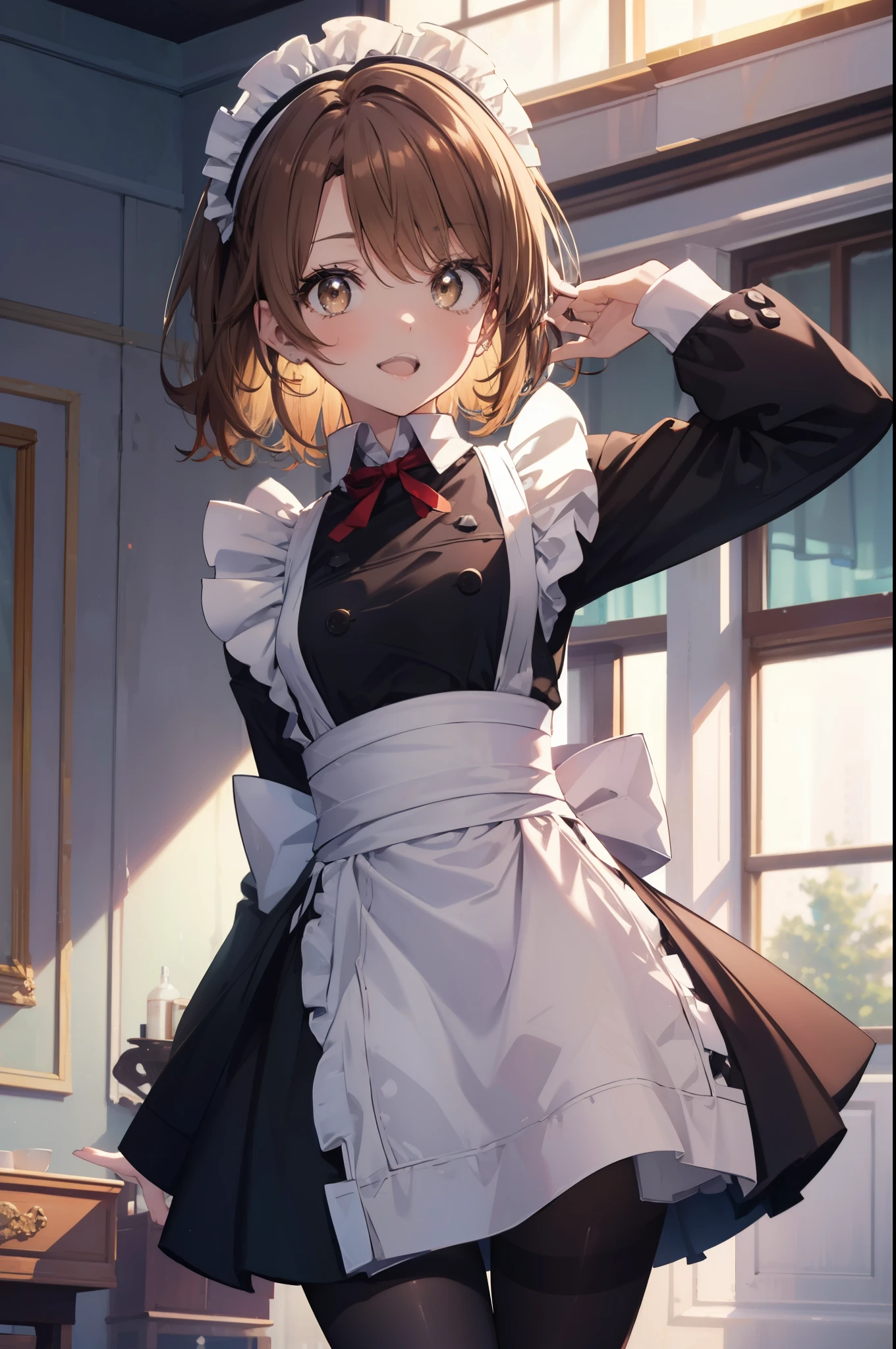 irohaisshiki, iroha isshiki, 腰まである長いhair, 茶hair, (brown eyes:1.5), open your mouth,smile,maid headドレス,skirtリフト, cloth, hair, skirt,  black pantyhose,short boots,maid,He is intimidating with one hand on his waist.,
break indoors, room,
break looking at viewer, (cowboy shot:1. 5)、break (masterpiece:1.2), highest quality, High resolution, unity 8k wallpaper, (figure:0.8), (detailed and beautiful eyes:1.6), highly detailed face, perfect lighting, Very detailed CG, (perfect hands, perfect anatomy),