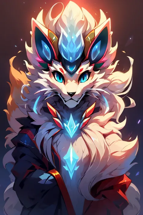 alolan ninetales and solgaleo fusion, pokemon, fusion, fluffy tail, blue eyes, fox like, antropomorfic, more solgaleo details