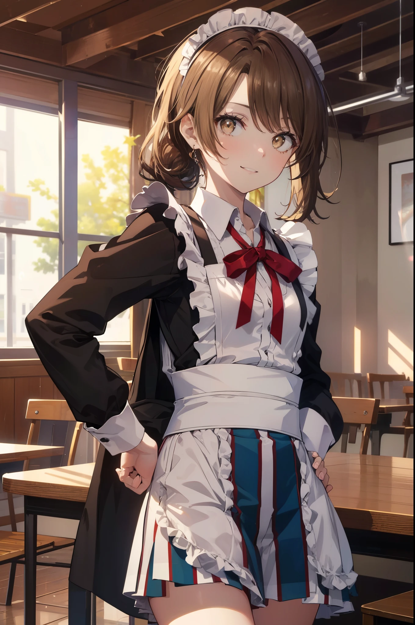 irohaisshiki, iroha isshiki, 長いhair,low ponytail, 薄い茶hair, (brown eyes:1.5), smile,skirtリフト, maid headドレス,cloth, hair, skirt,  maid,He is threatening with one hand on his hip..,
break indoors, dining,
break looking at viewer, (cowboy shot:1. 5)、break (masterpiece:1.2), highest quality, High resolution, unity 8k wallpaper, (shape:0.8), (fine and beautiful eyes:1.6), highly detailed face, perfect lighting, Very detailed CG, (perfect hands, perfect anatomy),