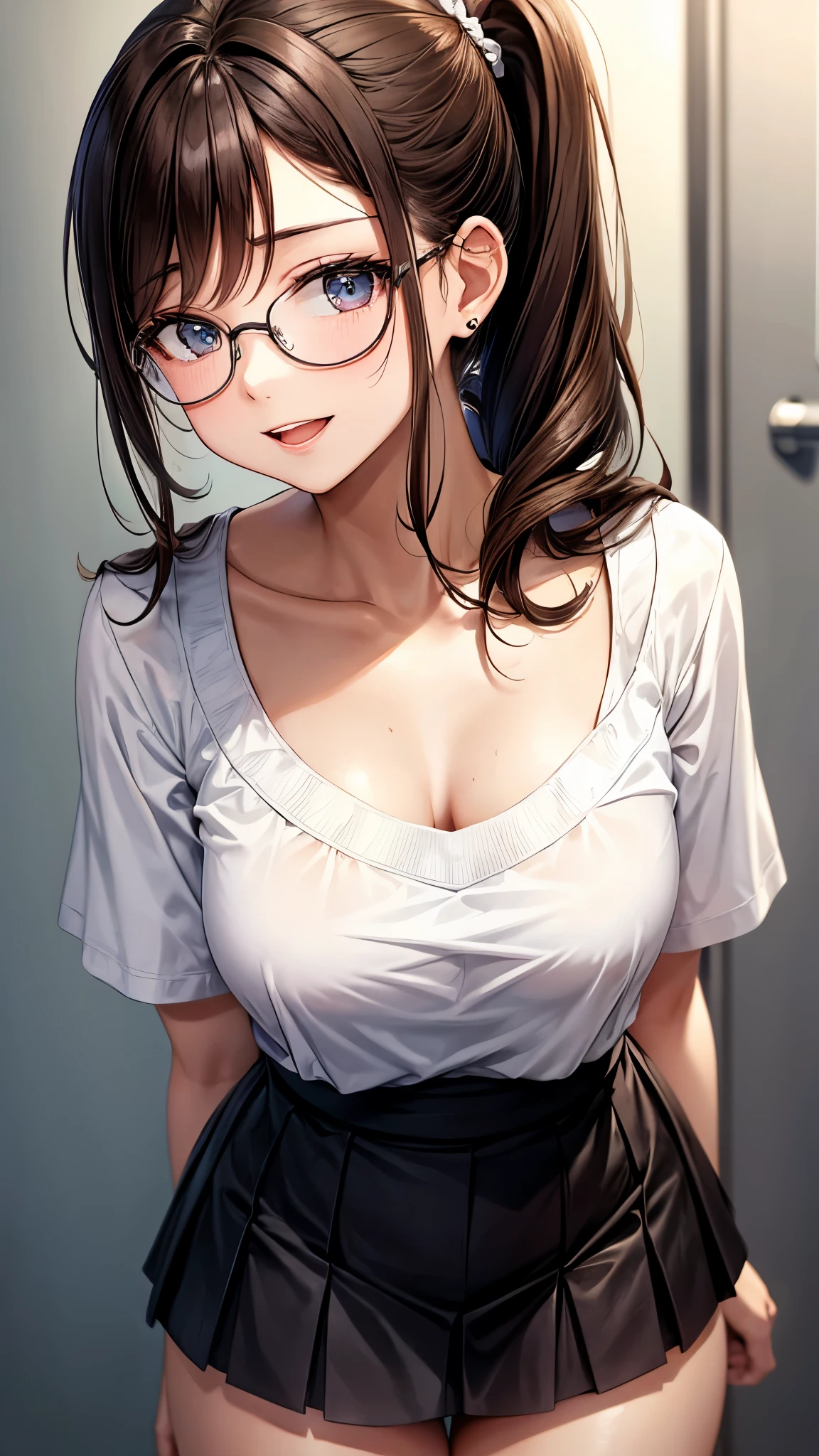 1 female,12 years old,brown hair,beautiful low ponytail hairstyle, (miniskirt and large white shirt, (double breasted,under bust:1.2), short sleeve, natural smile,,frameless eyeglasses,(slouch)