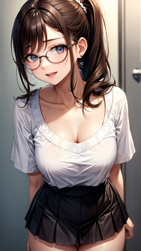 1 female,12 years old,brown hair,beautiful low ponytail hairstyle, (miniskirt and large white shirt, (double breasted,under bust...