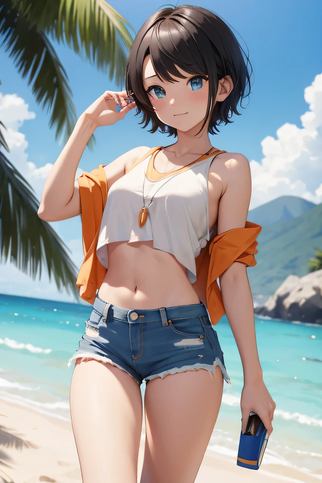 masterpiece、vast landscape（（mysterious sea、sandy beach））、pretty girl、Hololive Ozora Subaru、black short hair、white tank top、Navel exposure、denim shorts、flip flops、