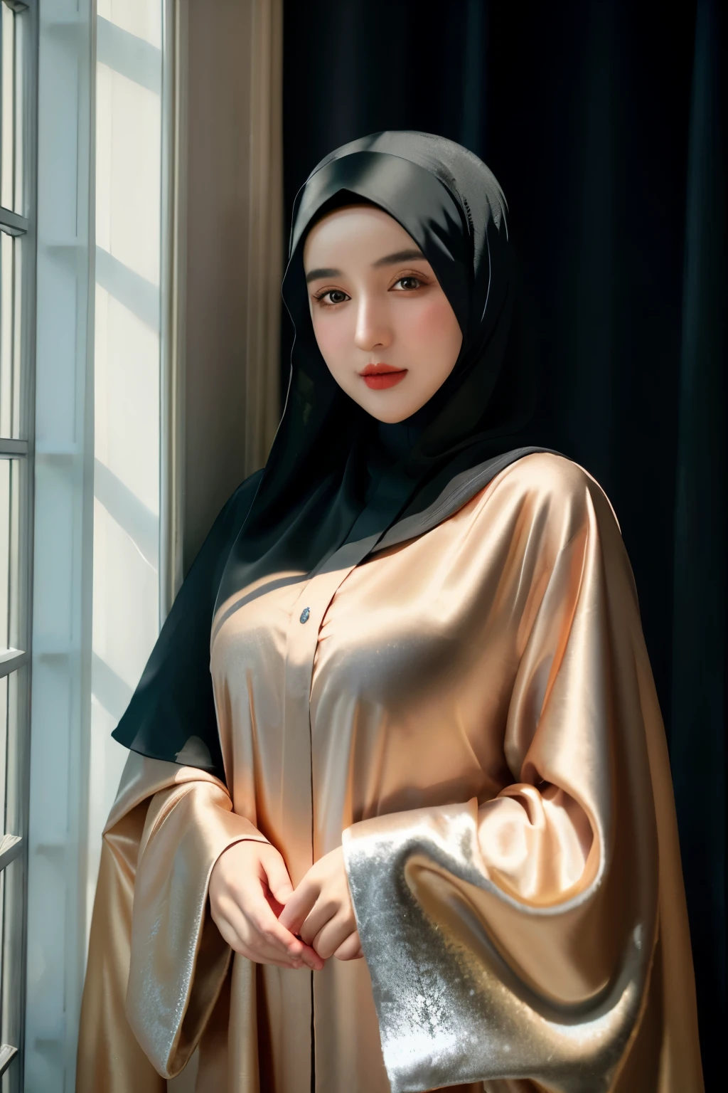 Foto RAW de una chica de 24 años usando hijab, satín abaya, satín, retrato de la cara hijab, fondo neutro, 8k hd, DSLR, iluminación suave, alta calidad, grano de la película, Fujifilm XT3, vestido cubierto, vestido decente