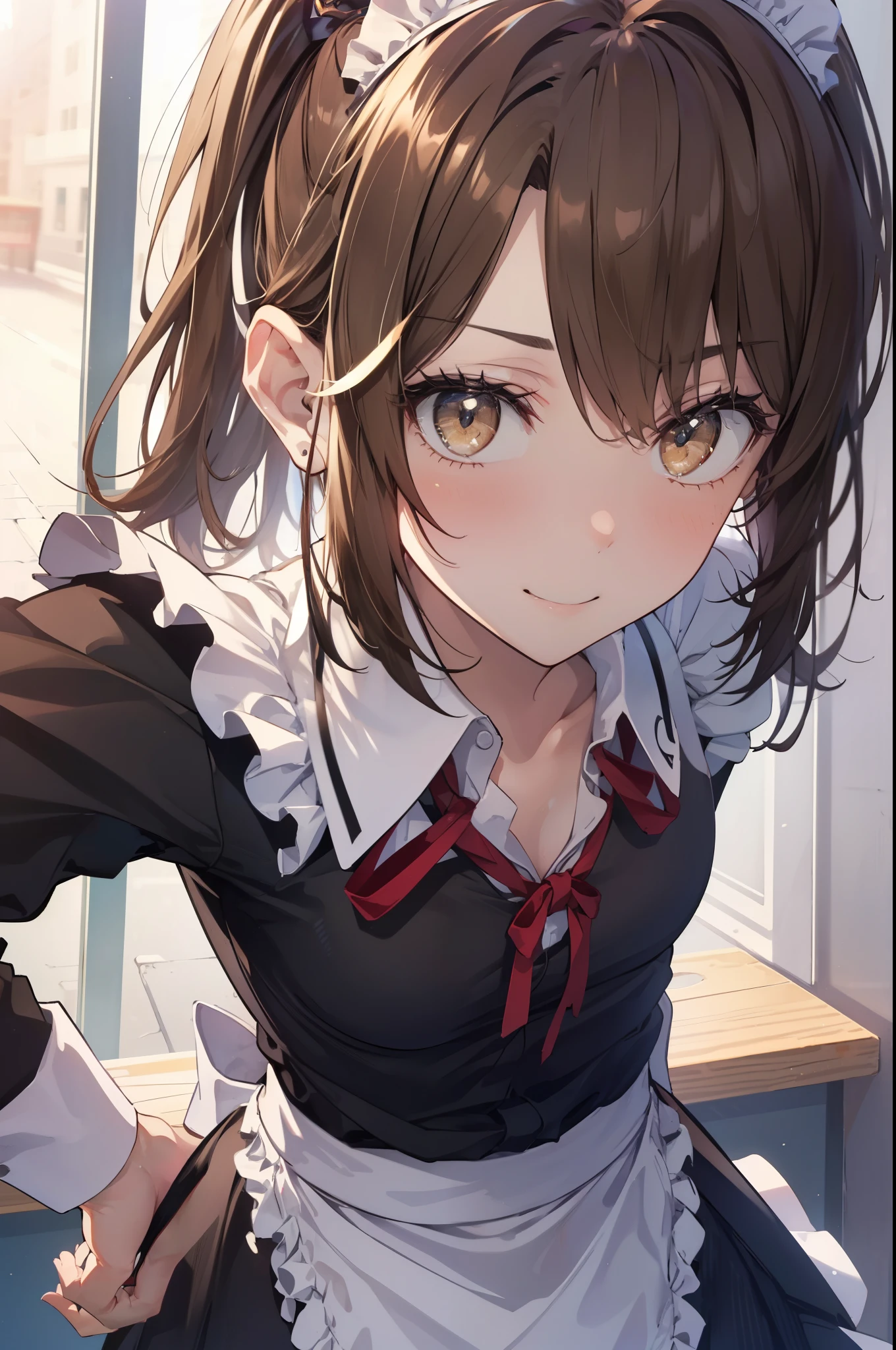 irohaisshiki, iroha isshiki, 長いhair,low ponytail, 薄い茶hair, (brown eyes:1.5), open your mouth,smile,skirtリフト, maid headドレス,cloth, hair, skirt,  maid,He is threatening with one hand on his hip..,
break indoors, apartment living,
break looking at viewer, (cowboy shot:1. 5)、break (masterpiece:1.2), highest quality, High resolution, unity 8k wallpaper, (shape:0.8), (fine and beautiful eyes:1.6), highly detailed face, perfect lighting, Very detailed CG, (perfect hands, perfect anatomy),