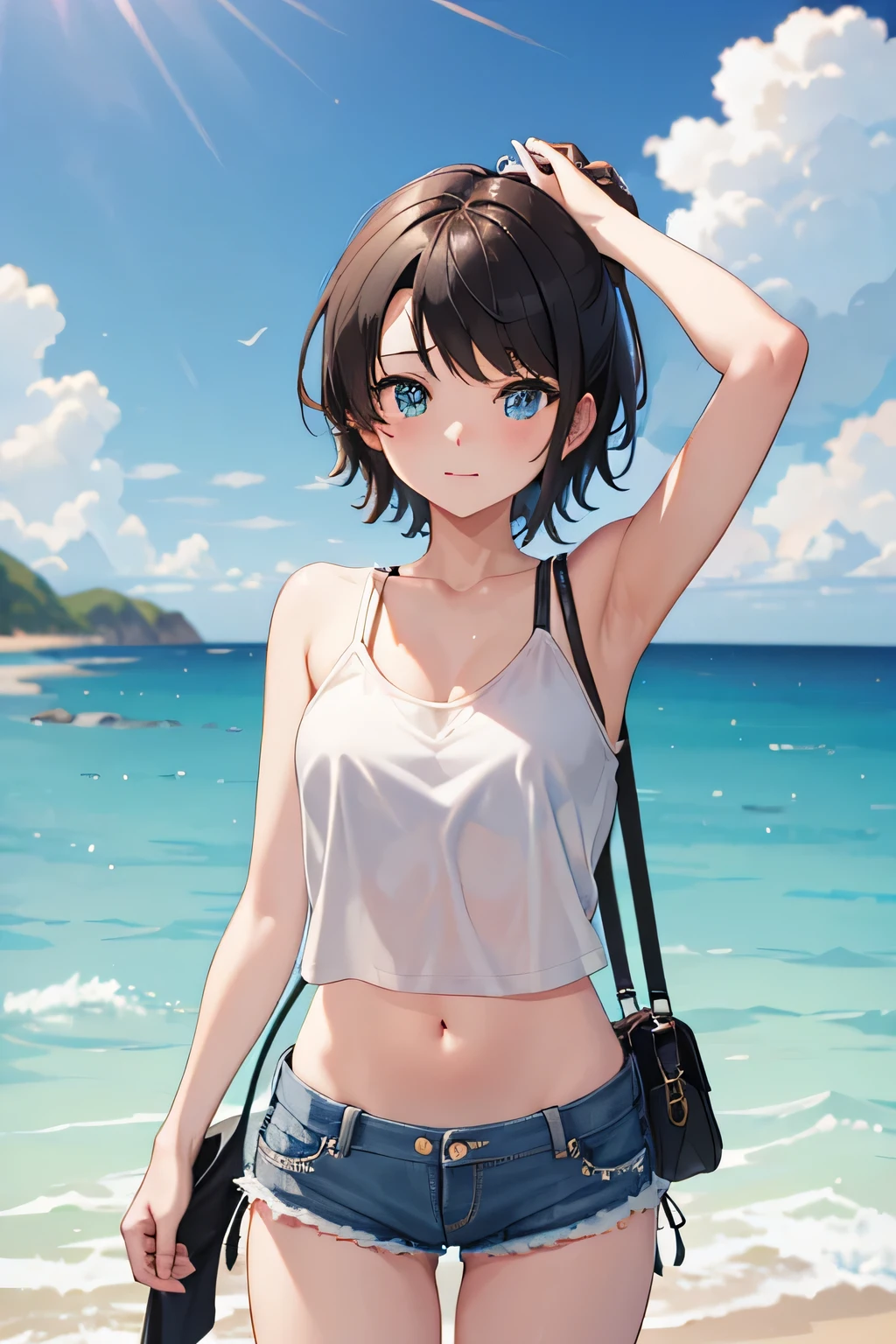 masterpiece、cowboy shot、vast landscape（（mysterious sea、sandy beach））、pretty girl、Hololive Ozora Subaru、black short hair、white tank top、Navel exposure、denim shorts、flip flops、