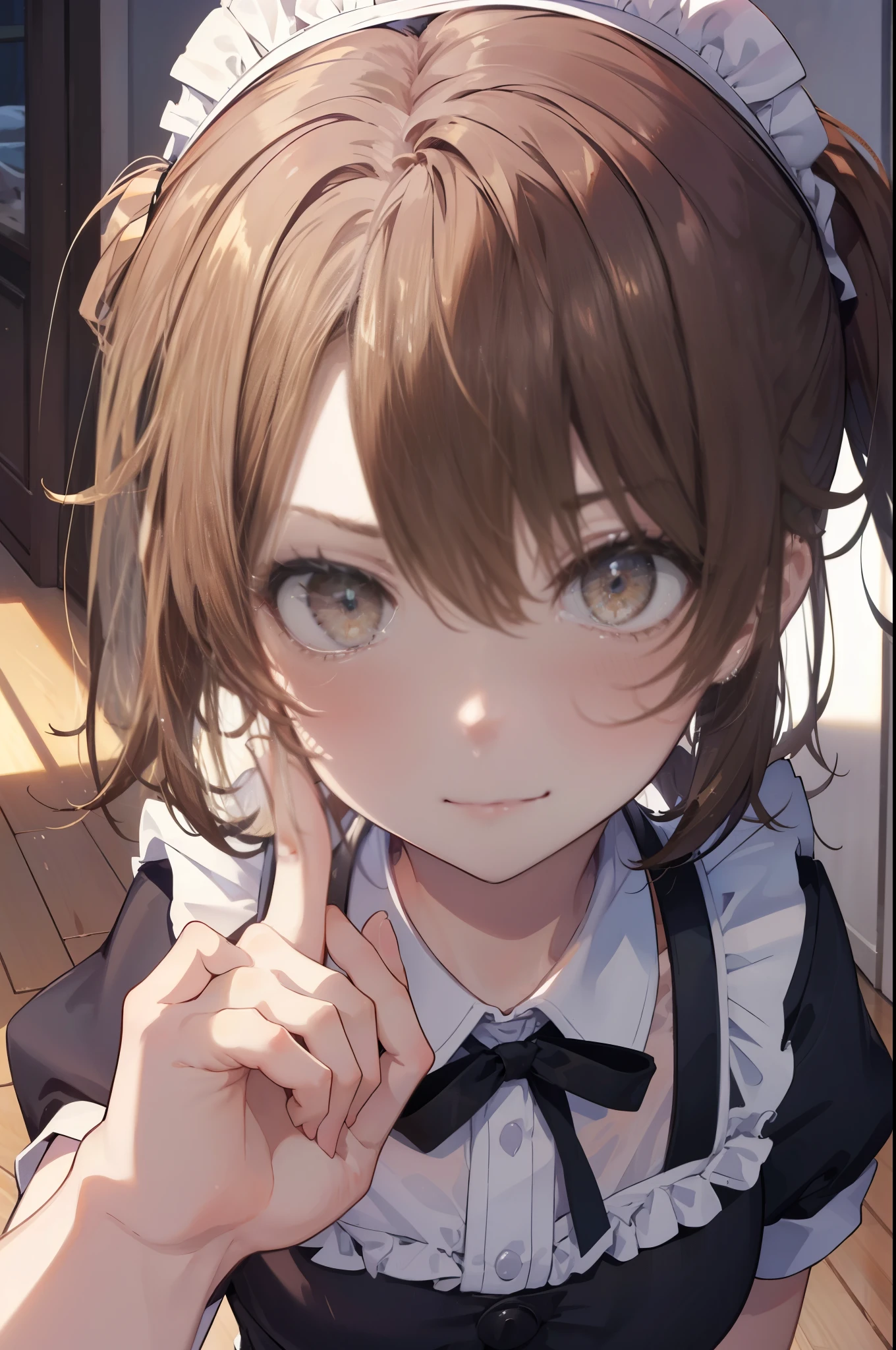 irohaisshiki, iroha isshiki, 長いhair,low ponytail, 薄い茶hair, (brown eyes:1.5), open your mouth,smile,skirtリフト, maid headドレス,cloth, hair, skirt,  maid,He is threatening with his hands on his hips.,
break indoors, apartment living,
break looking at viewer, (cowboy shot:1. 5)、break (masterpiece:1.2), highest quality, High resolution, unity 8k wallpaper, (shape:0.8), (fine and beautiful eyes:1.6), highly detailed face, perfect lighting, Very detailed CG, (perfect hands, perfect anatomy),