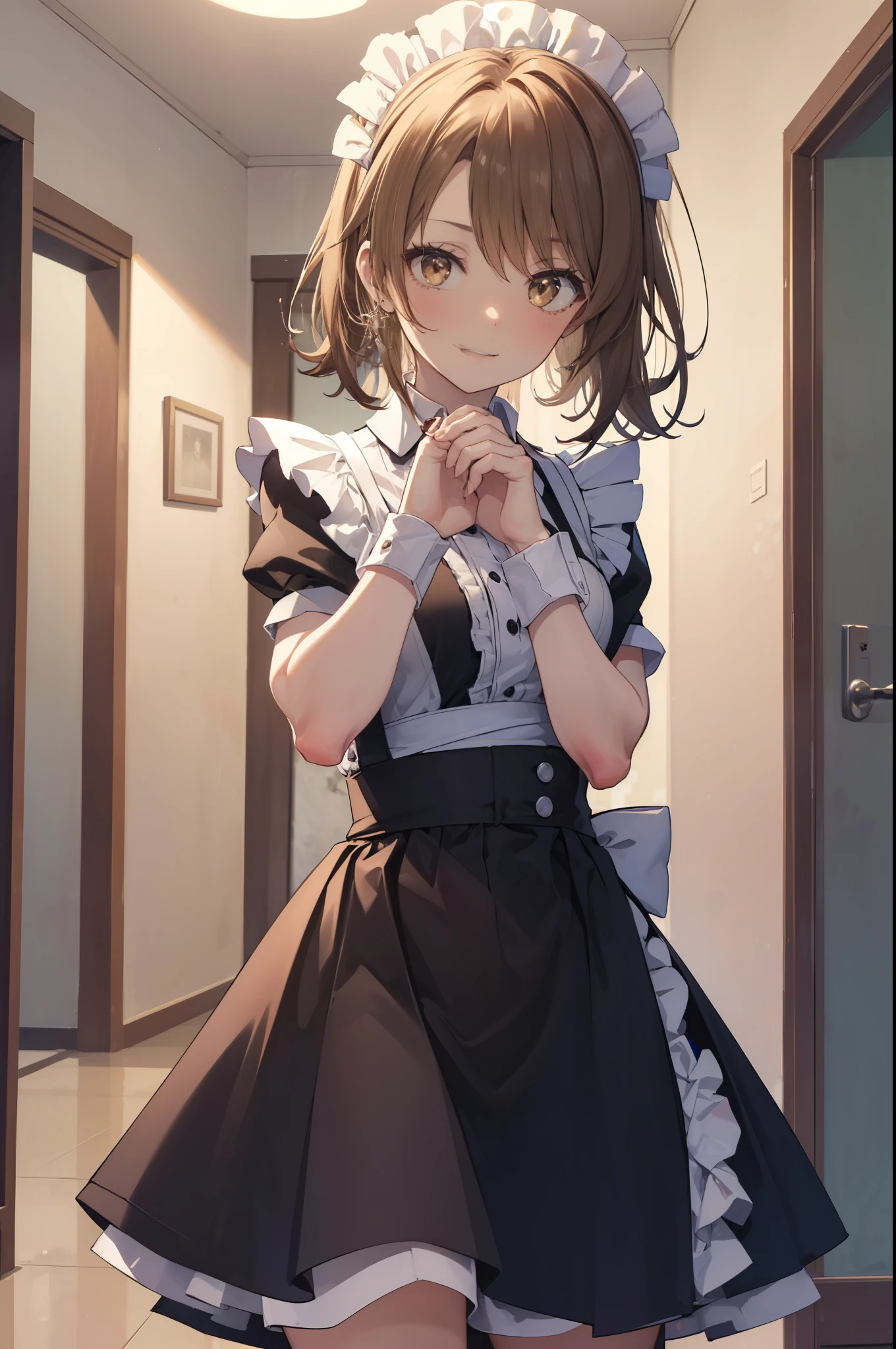 irohaisshiki, iroha isshiki, 長いhair,low ponytail, 薄い茶hair, (brown eyes:1.5), open your mouth,smile,skirtリフト, maid headドレス,cloth, hair, skirt,  maid,He is threatening with his hands on his hips.,
break indoors, apartment living,
break looking at viewer, (cowboy shot:1. 5)、break (masterpiece:1.2), highest quality, High resolution, unity 8k wallpaper, (shape:0.8), (fine and beautiful eyes:1.6), highly detailed face, perfect lighting, Very detailed CG, (perfect hands, perfect anatomy),