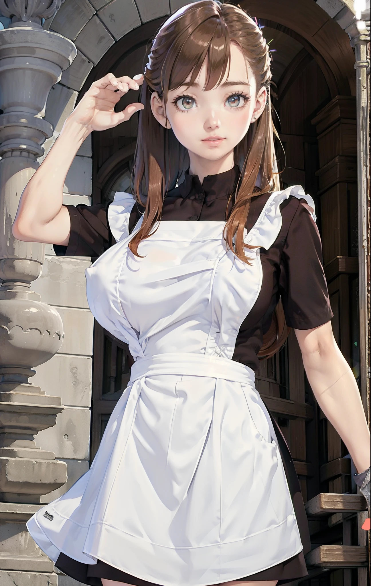 Anime character dressed in maid outfit posing for picture in front of  building - SeaArt AI