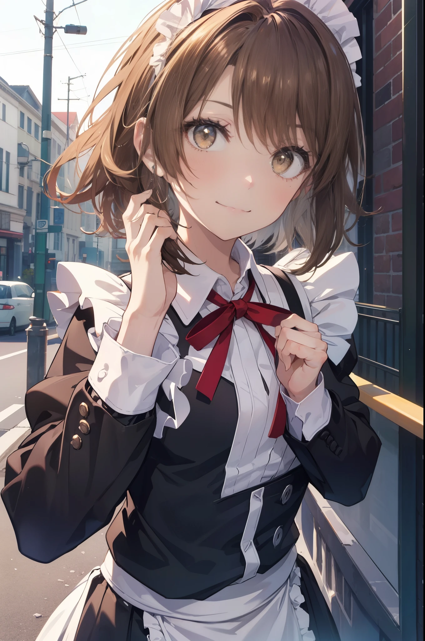 irohaisshiki, iroha isshiki, 長いhair,low ponytail, 薄い茶hair, (brown eyes:1.5), close your mouth,smile,skirtリフト, maid headドレス,cloth, hair, skirt,  maid,walking,
break outdoors, In town,ビル街
break looking at viewer, (cowboy shot:1. 5)、break (masterpiece:1.2), highest quality, High resolution, unity 8k wallpaper, (shape:0.8), (fine and beautiful eyes:1.6), highly detailed face, perfect lighting, Very detailed CG, (perfect hands, perfect anatomy),