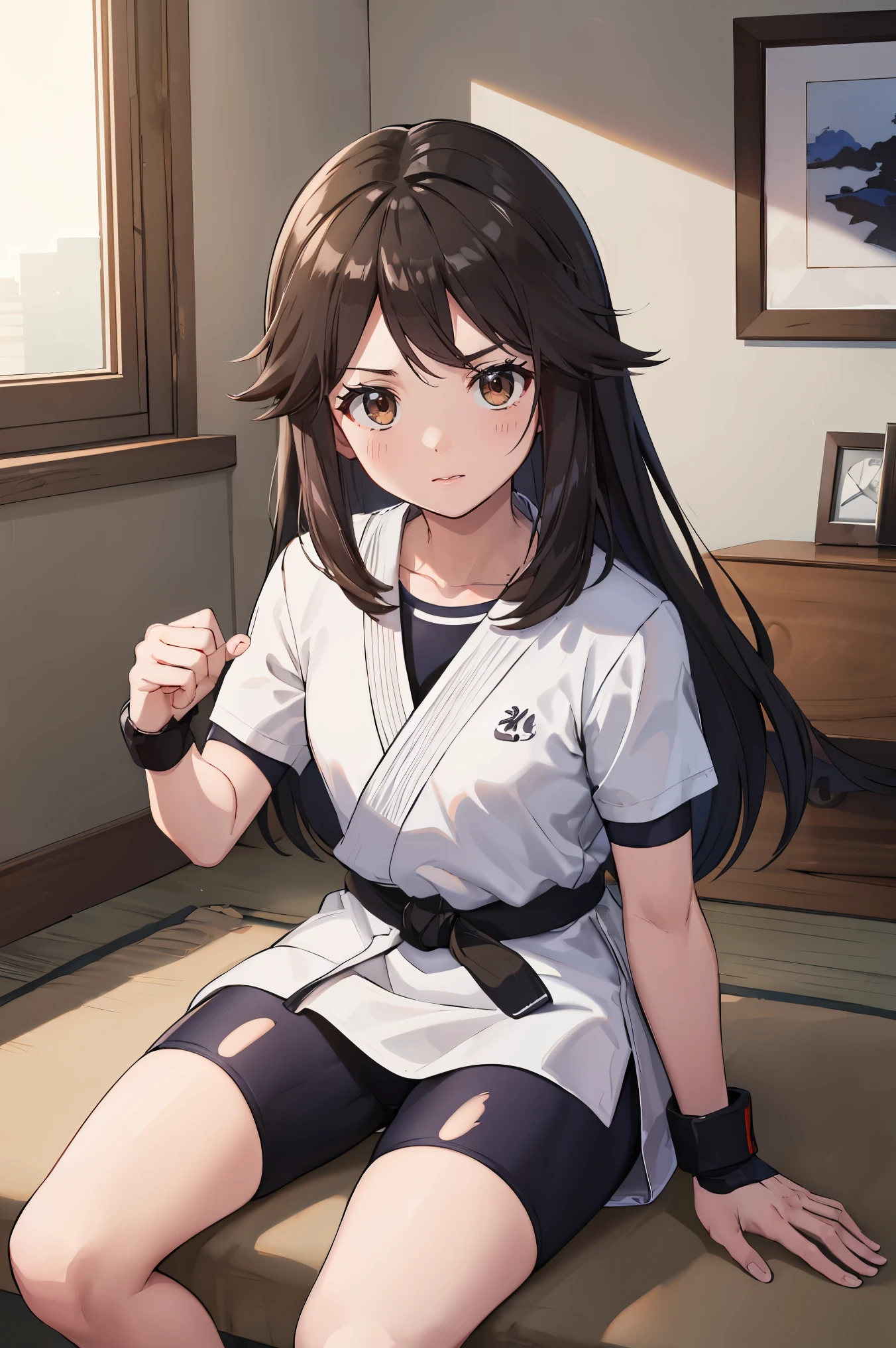 masterpiece,best quality, highres, ultra-detailed, perfect face, bbleaf, long hair, black hair, brown eyes, sidelocks, eyelashes, white dougi, white sleeves, short sleeves, black belt martial arts, bike shorts, torn bike shorts, room, bedroom, indoors, looking at viewers, sitting, 