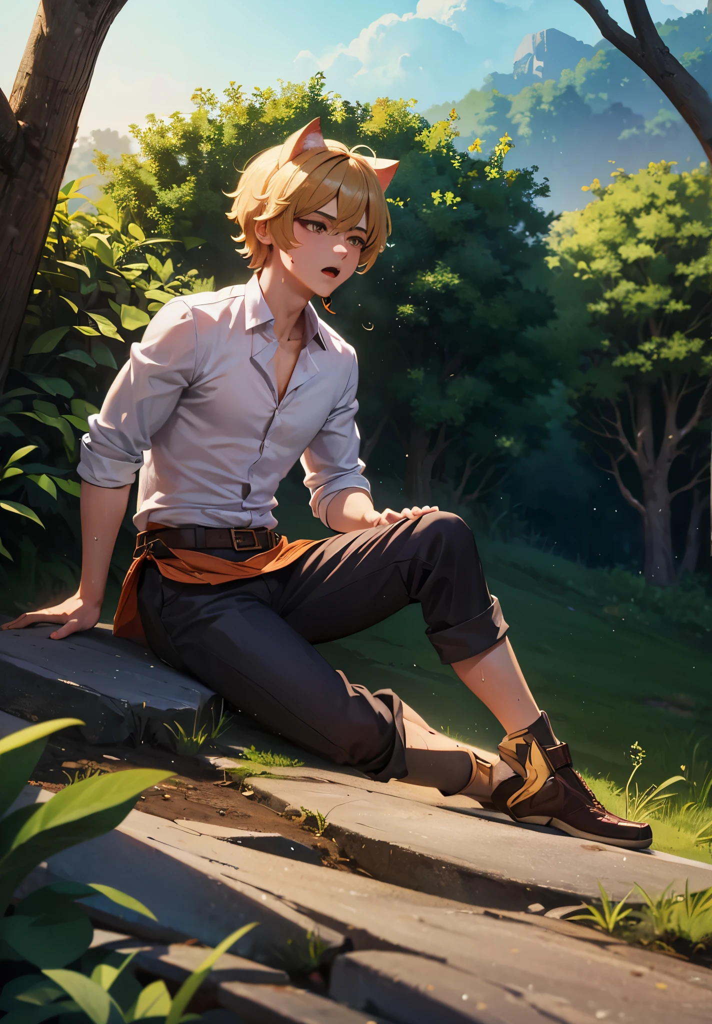 young boy, cat ear, sweating, ripped abs, forest, lying on the ground, (acclaimed, alluring, captivating, exciting, gorgeous, striking:1.3), (highly detailed, high quality:1.3, genshin impact)