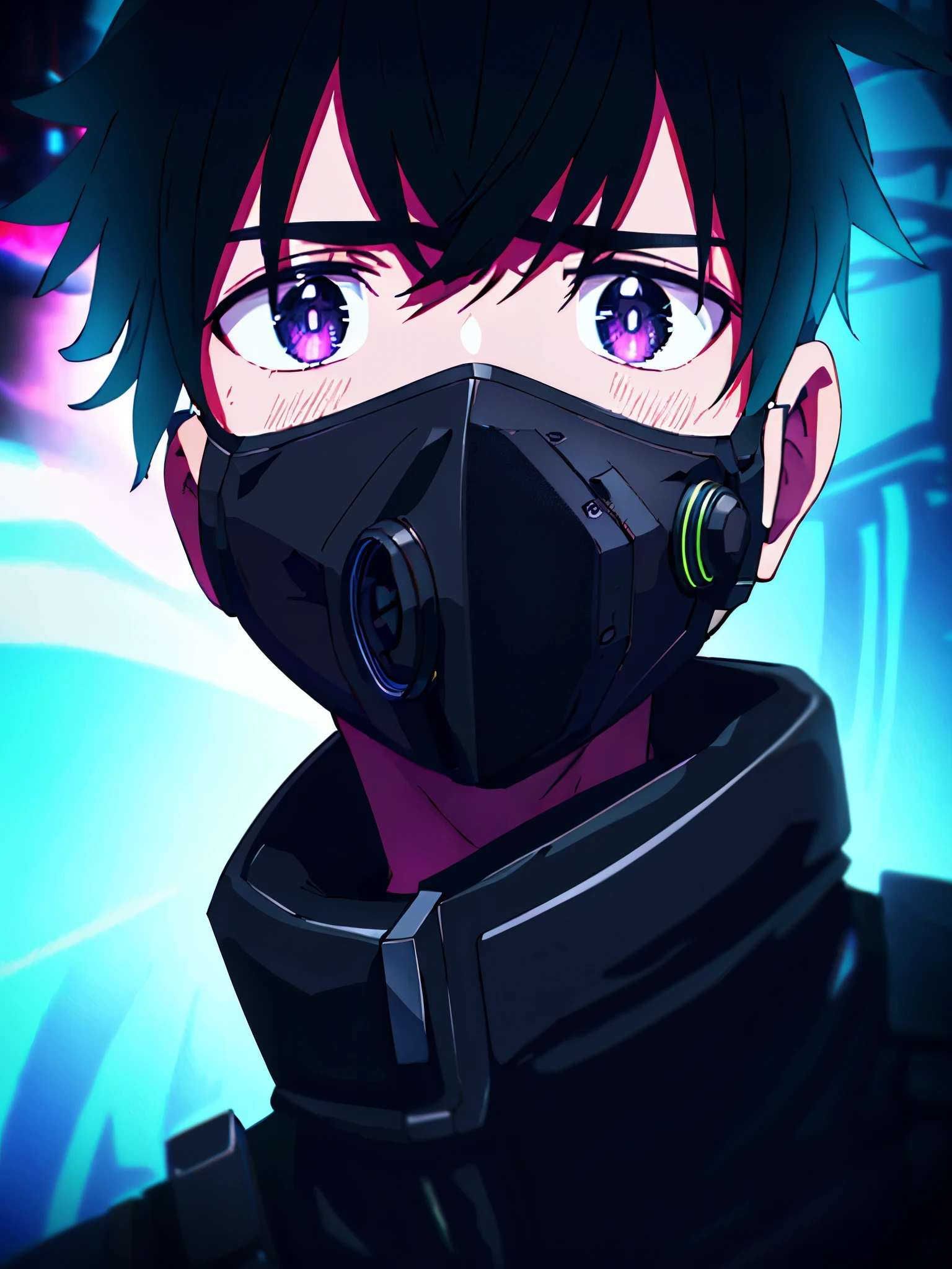 A man dressed in a black jacket and wearing headphones covering his face, wearing urban techwear, a dark-colored mask covering the top of his face, dressed in Japanese techwear, a dark-colored mask covering his eyes, wearing headphones, wearing an all-black mempo mask, dressed in space techwear, wearing a mask, face obscured, dressed in cyberpunk street fashion. [best quality,4k,8k,highres,masterpiece:1.2], ultra-detailed, (realistic,photorealistic,photo-realistic:1.37), HDR, UHD, studio lighting, ultra-fine painting, sharp focus, physically-based rendering, extreme detail description, professional, vivid colors, bokeh, portraits, dark and moody colors, dramatic lighting.