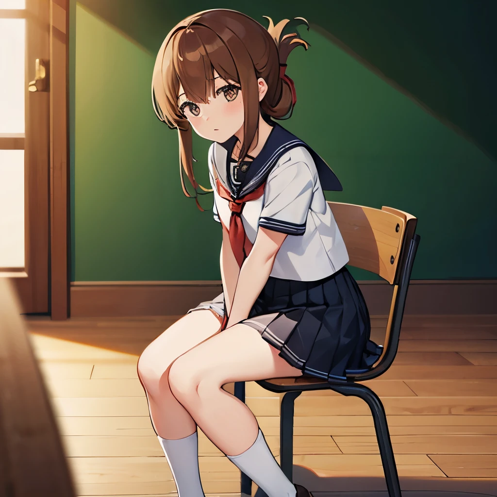  sit in a chair, Look to the right,I am not feeling well and am holding my knees while observing a class on the floor of the school gymnasium.,(masterpiece, best quality:1.2),illustration,8k,hd,1girl,solo,upper body,(portrait:1.2),brown_hair,folded_ponytail,brown_eyes,serafuku,long_hair,school_uniform,skirt,pleated_skirt,