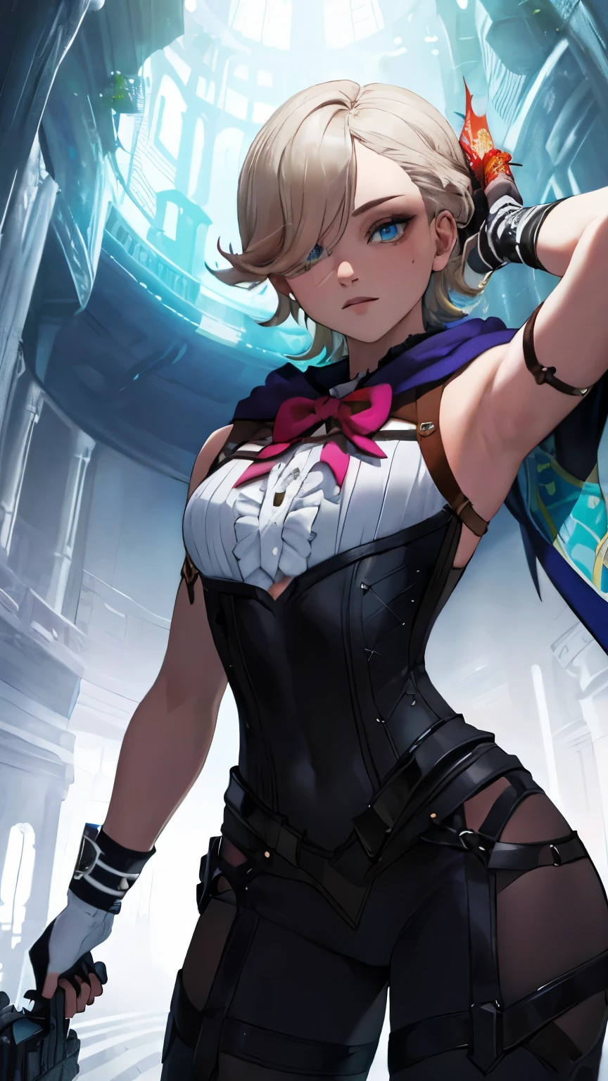 (masterpiece, highest quality, best quality, official art, beautiful and aesthetic: 1.2), (1boy), extremely detailed, (fractal art: 1.3), colorful, highest detailed, perfect face, upper body, HDR, ), vivid visual effects, (dynamic stripes, luminous traces: 1.2), lyney, sexy, wide hips, thicc figure, Detailed blue eyes, Detailed face, Detailed eyes, femboy, male, bulge, standing, gothic 