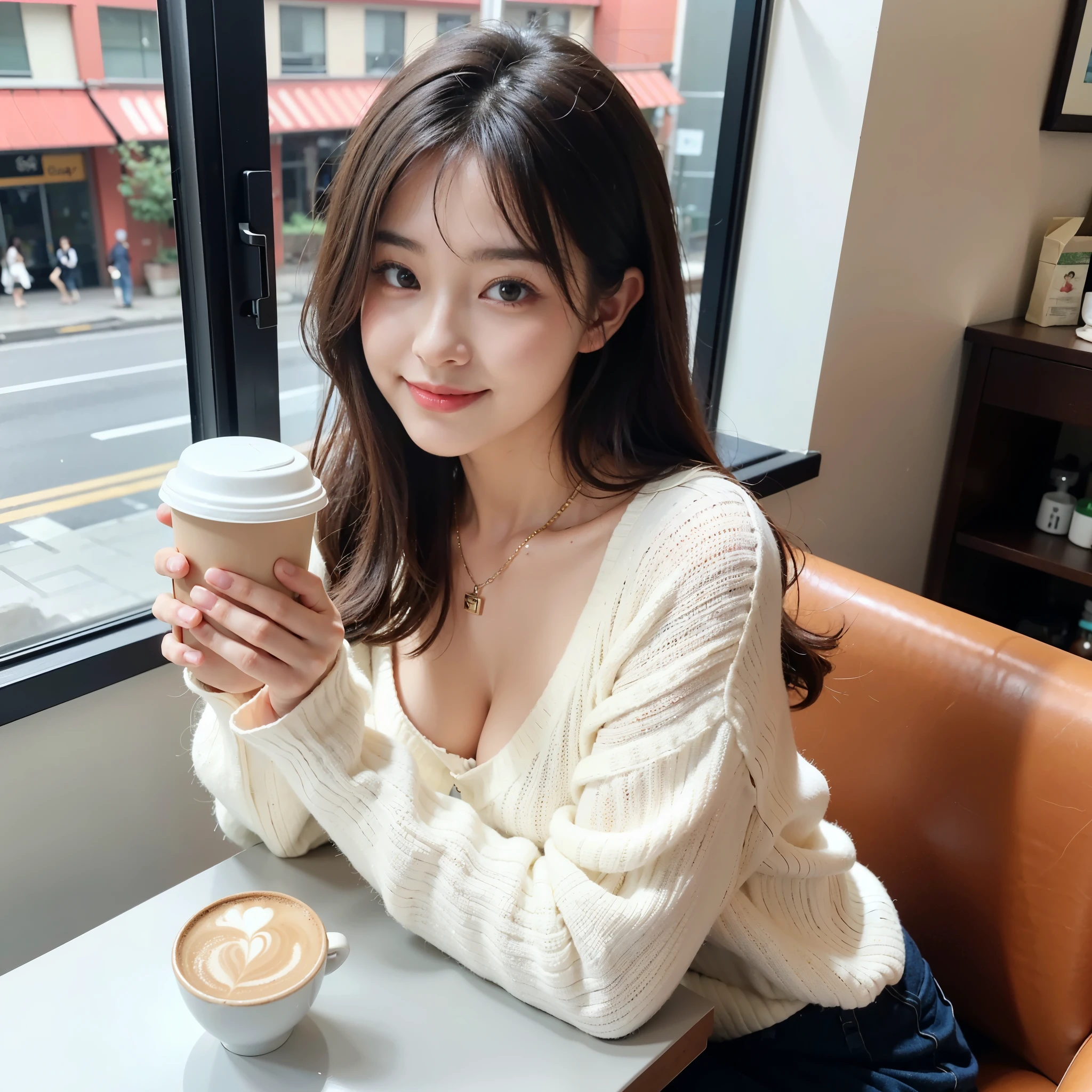 (top-quality、8K、32K、​masterpiece、Photorealsitic:1.4、nffsw:1.2)、Photo of a cute Japanese woman、Colossal tits:1.4、very short bobbed hai, coffee cup in her hand 、sface focus、long hair,Oversized_Sweaters、a necklace、simple background、From  above、looking at the viewers、cleavage of the breast:1.5、Balanced body op coffee ee cafe, coffee cup inher hand,cute smile, coffee cup, seat on table, ultra details, ultra realistic expression, busy cafe , customer in coffee cafe, window side 