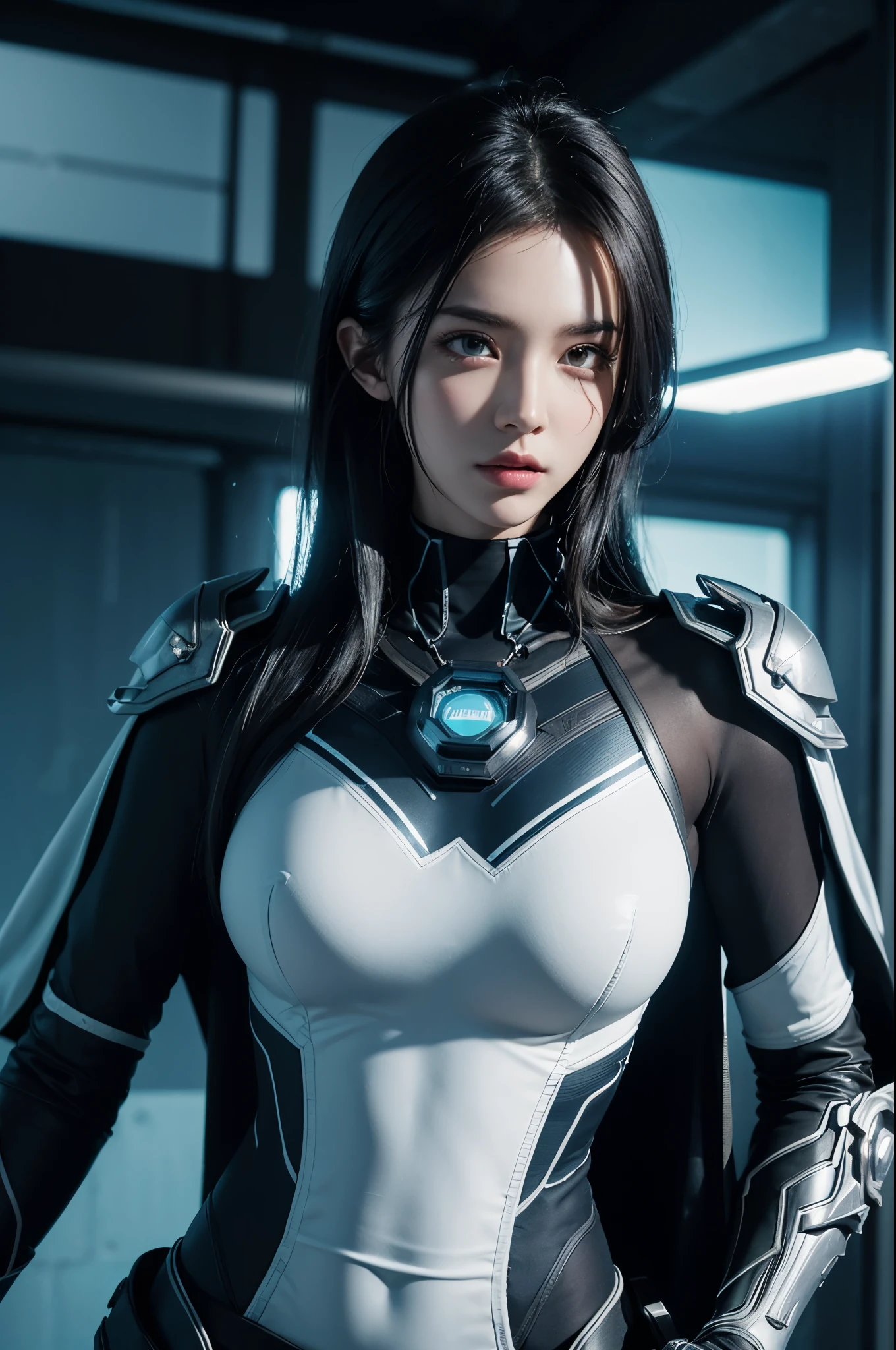 ((Best quality)), ((masterpiece)), (detailed:1.4), 3D, an image of a beautiful cyberpunk female with a cape, HDR (High Dynamic Range),Ray Tracing,NVIDIA RTX,Super-Resolution,Unreal 5,Subsurface scattering,PBR Texturing,Post-processing,Anisotropic Filtering,Depth-of-field,Maximum clarity and sharpness,Multi-layered textures,Albedo and Specular maps,Surface shading,Accurate simulation of light-material interaction, Blue Neon suit, Perfect proportions,Octane Render,Two-tone lighting,Wide aperture,Low ISO,White balance,Rule of thirds,8K RAW.