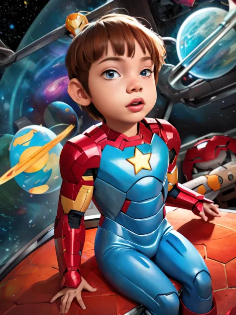 Cinematic Cartoon style. Comic art. TME0224 face, (((a baby boy, 4yo))) in a funny night (((wearing a Iron-Man costume))). (((Comic cosmic space Witch stars background))). cinematic lighting, drop shadow, masterpiece, UHD, anatomically correct, textured sk...