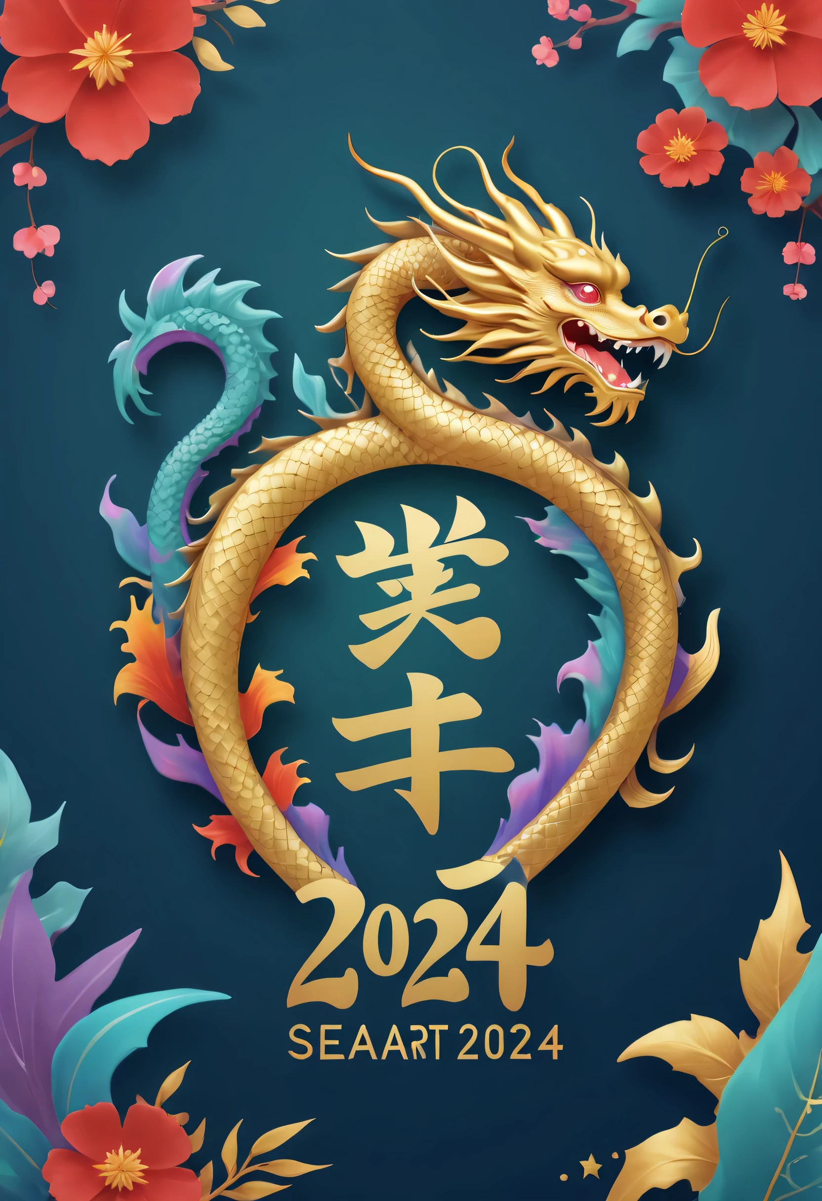 logo "Ocean Art 2024", The text is "Ocean Art 2024", 创意font设计, font, Chinese dragon, Message card design, Fantastic letters shaped animals, magical creatures, txt says "Ocean Art 2024"