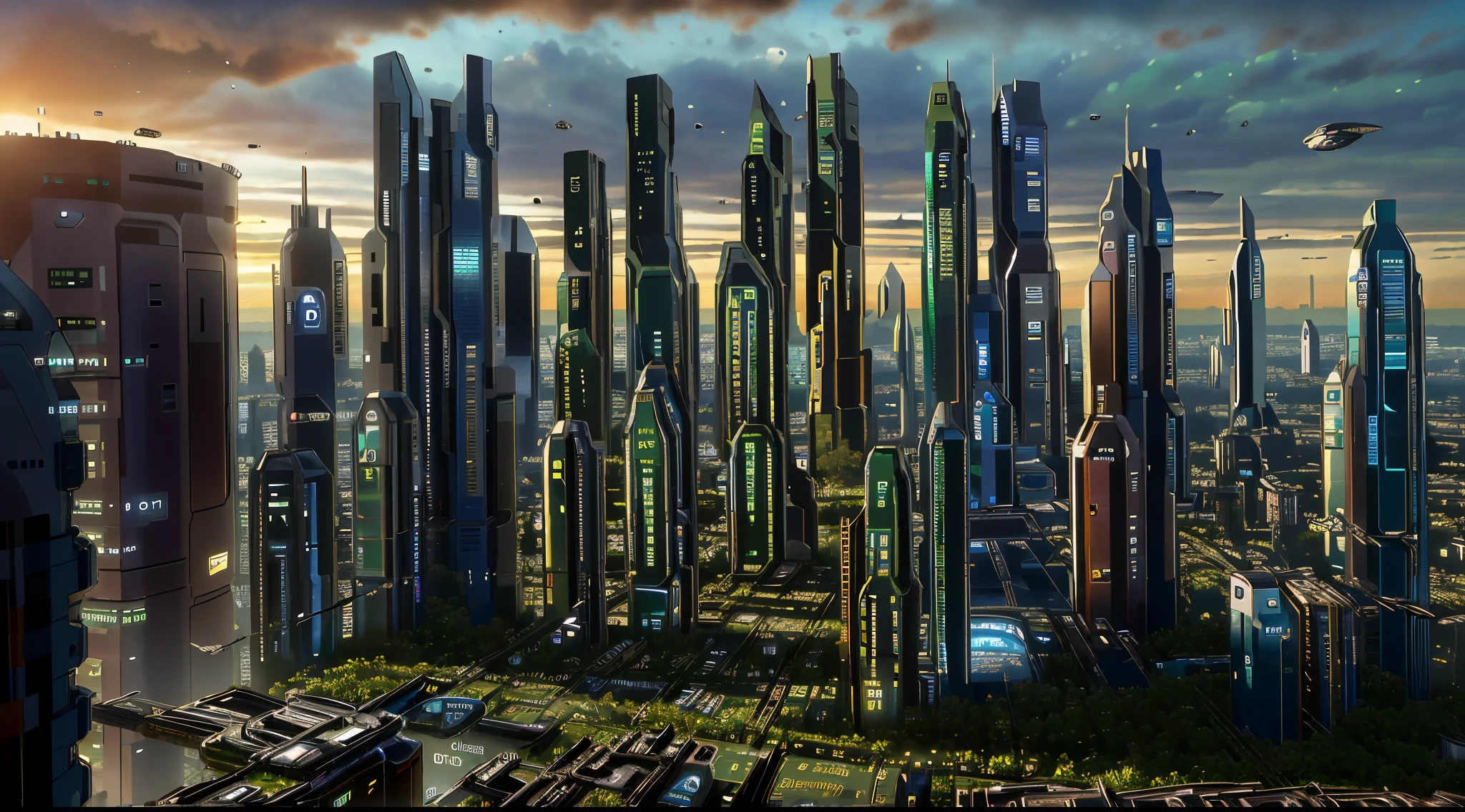 ((Futuristic sci-fi giant expansive city cityscape view)), Unlucky, dystopian city, masterpiece, 4K resolution, (perfect architecture), in the atmosphere, nature takes over the city,