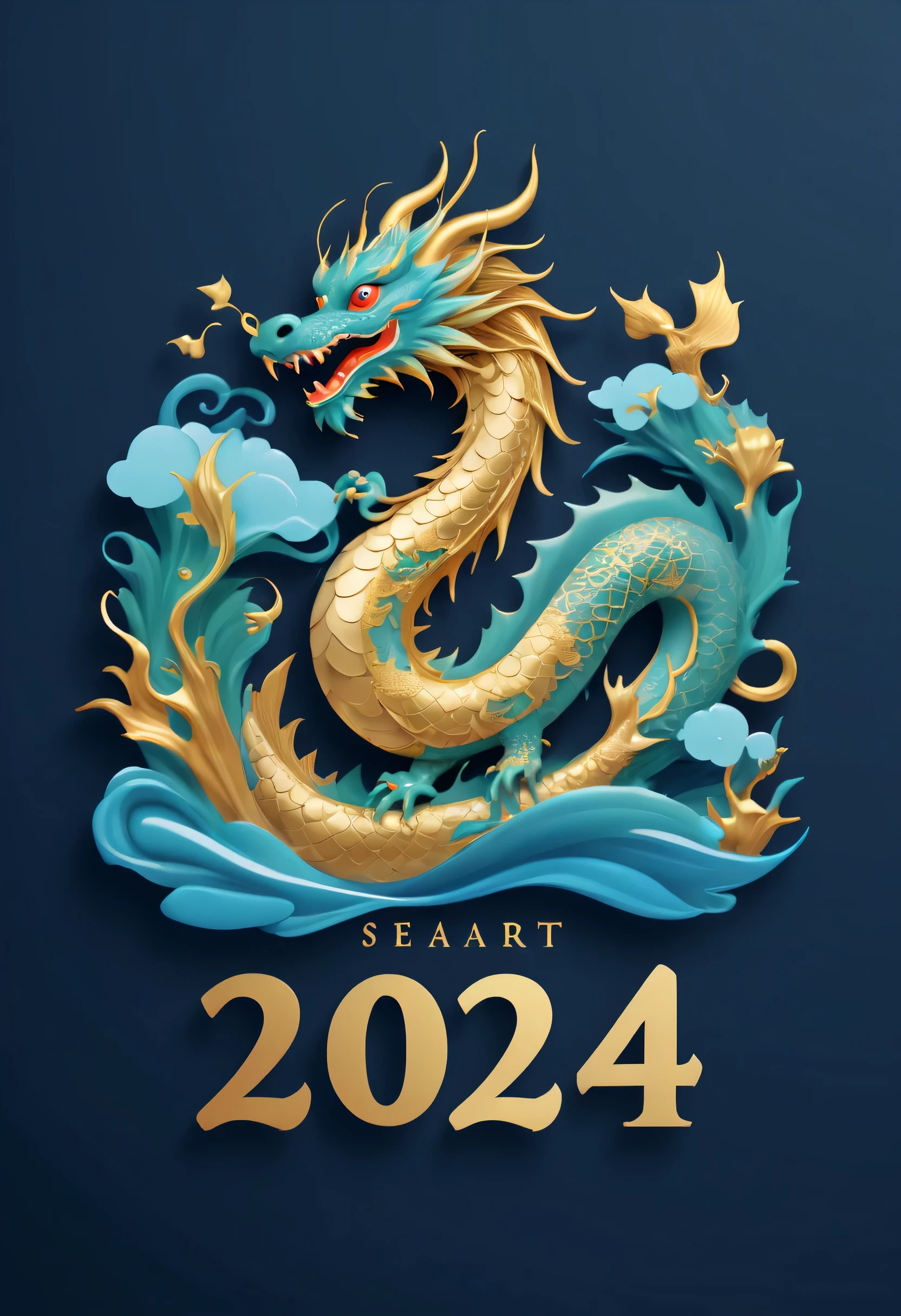 logo "Ocean Art 2024", The text is "Ocean Art 2024", 创意font设计, font, Chinese dragon, Message card design, Fantastic letters shaped animals, magical creatures, txt says "Ocean Art 2024"