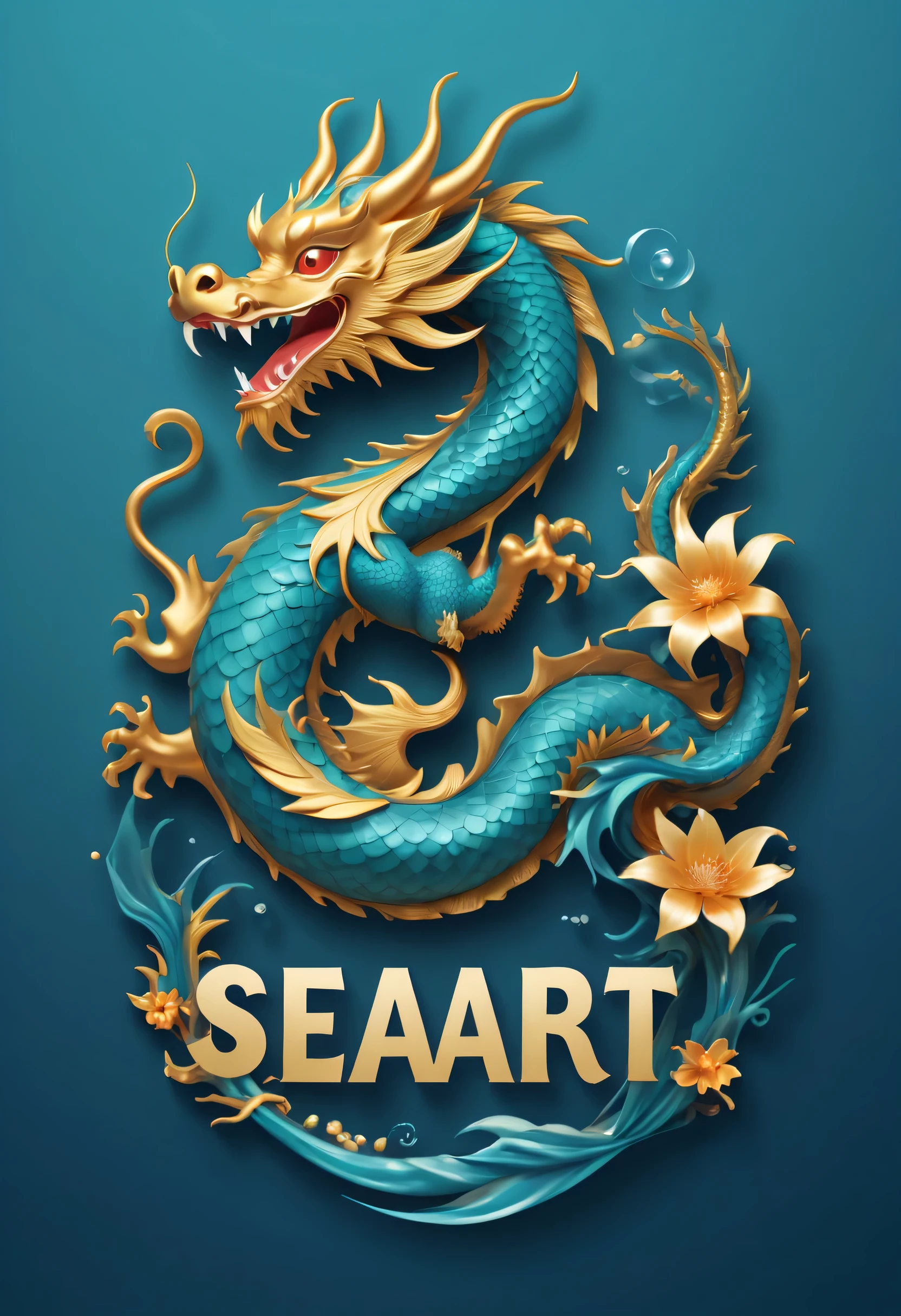 logo "Ocean Art 2024", The text is "Ocean Art 2024", 创意font设计, font, Chinese dragon, Message card design, Fantastic letters shaped animals, magical creatures, txt says "Ocean Art 2024"