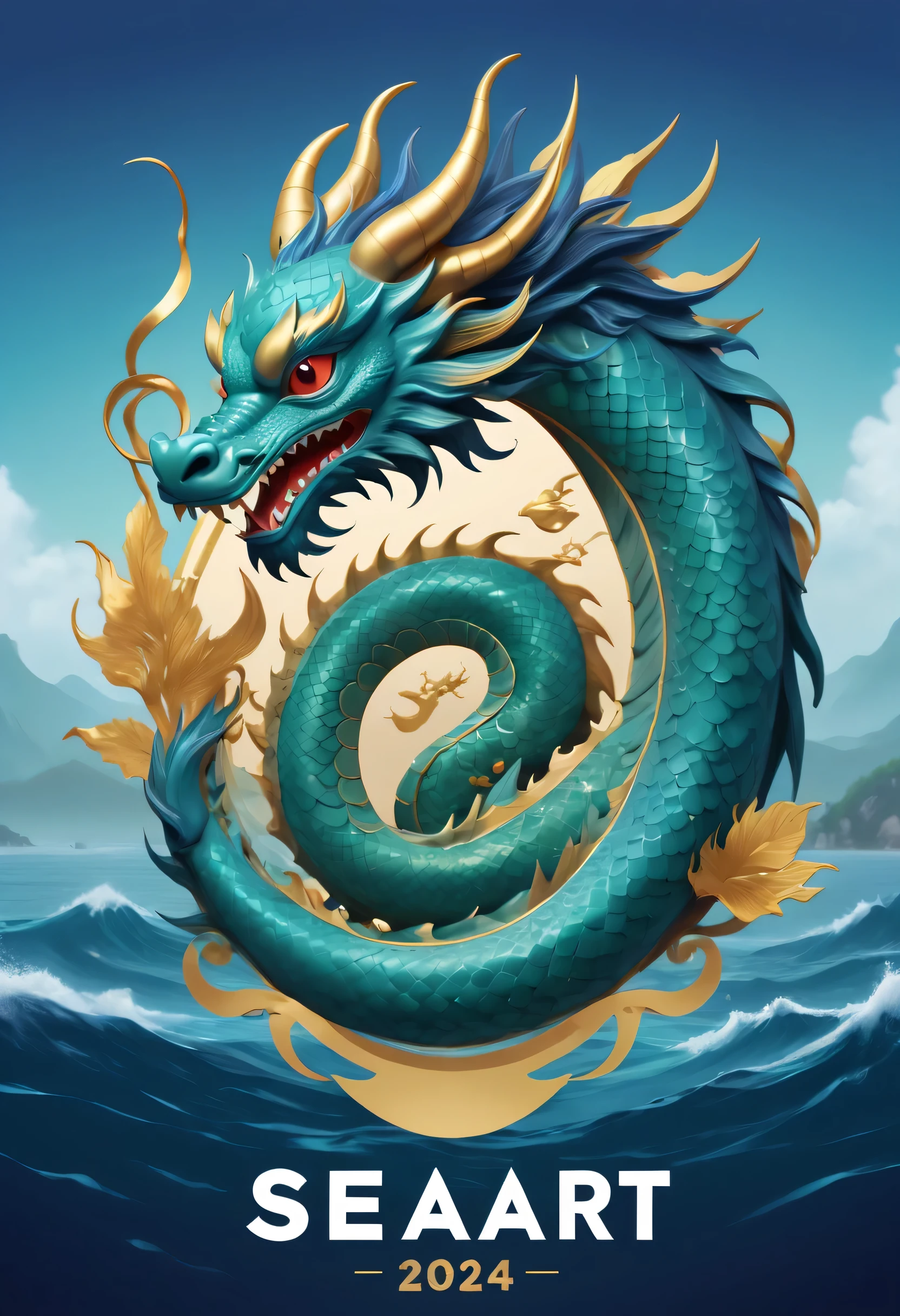 logo "Ocean Art 2024", The text is "Ocean Art 2024", 创意font设计, font, Chinese dragon, Message card design, Fantastic letters shaped animals, magical creatures, txt says "Ocean Art 2024"