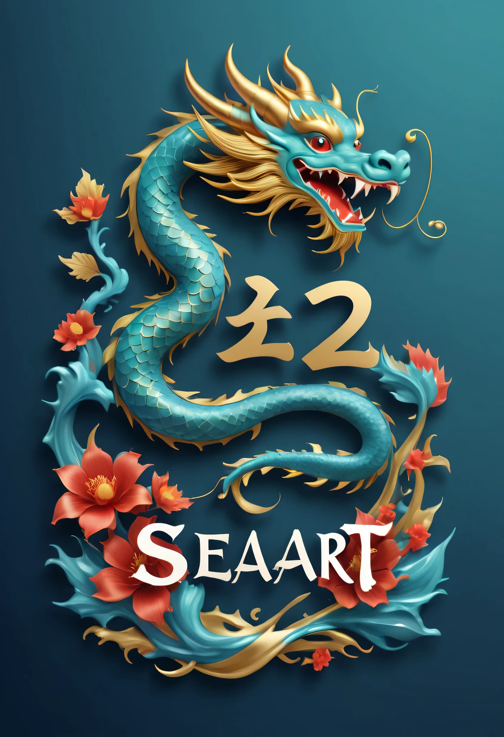 logo "Ocean Art 2024", The text is "Ocean Art 2024", 创意font设计, font, Chinese dragon, Message card design, Fantastic letters shaped animals, magical creatures, txt says "Ocean Art 2024"