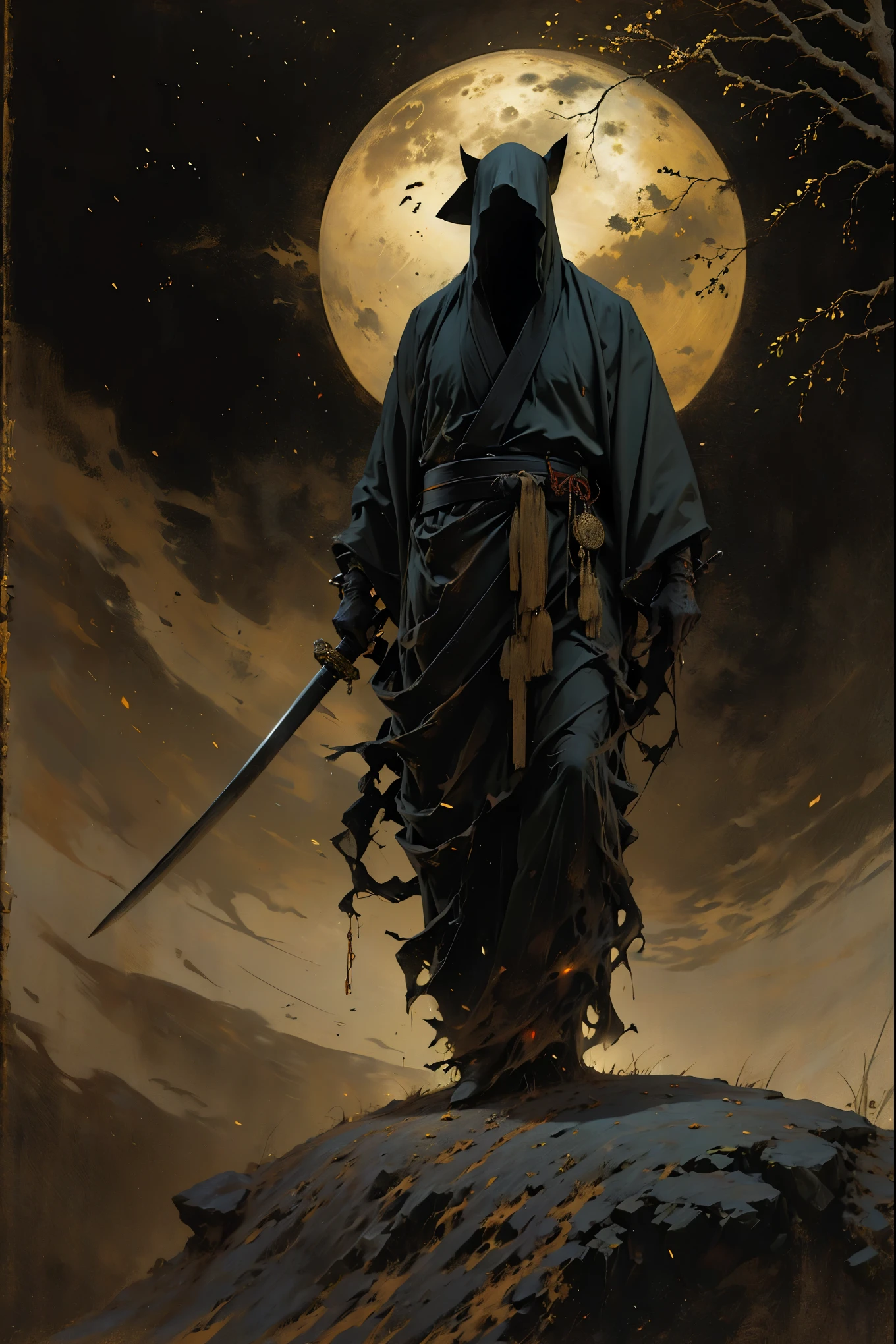 (beste Qualität, 4k, highres, Meisterwerk:1.2), ultra-detailliert, (Realistisch, photoRealistisch, photo-Realistisch:1.37), ein als Samurai verkleideter Mann steht im Regen, Einen Bambushut tragen (scheitern) auf seinem Kopf. Er ist von einem dichten Wald umgeben, lebendig mit den Geräuschen der Natur. Es ist eine mondhelle Nacht, und die Dunkelheit trägt zur geheimnisvollen Atmosphäre bei. Der Mann trägt einen schwarzen Kimono mit neonroten Streifen, die im Dunkeln leuchten, lässt ihn aus der Szene hervorstechen. Sein Schwert (Katana) ist aus der Scheide, einsatzbereit angesichts drohender Katastrophen.