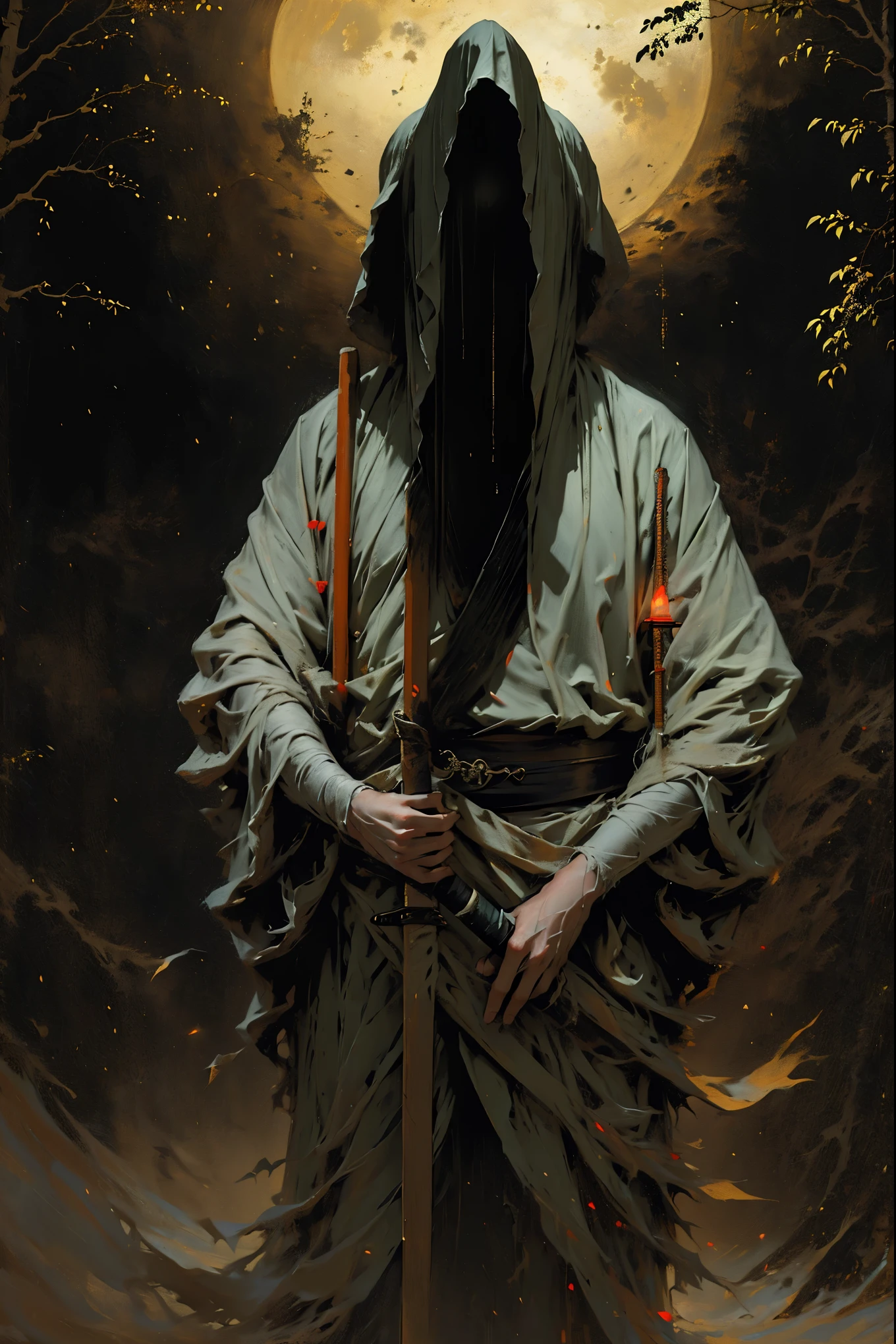 (beste Qualität, 4k, highres, Meisterwerk:1.2), ultra-detailliert, (Realistisch, photoRealistisch, photo-Realistisch:1.37), ein als Samurai verkleideter Mann steht im Regen, Einen Bambushut tragen (scheitern) auf seinem Kopf. Er ist von einem dichten Wald umgeben, lebendig mit den Geräuschen der Natur. Es ist eine mondhelle Nacht, und die Dunkelheit trägt zur geheimnisvollen Atmosphäre bei. Der Mann trägt einen schwarzen Kimono mit neonroten Streifen, die im Dunkeln leuchten, lässt ihn aus der Szene hervorstechen. Sein Schwert (Katana) ist aus der Scheide, einsatzbereit angesichts drohender Katastrophen.