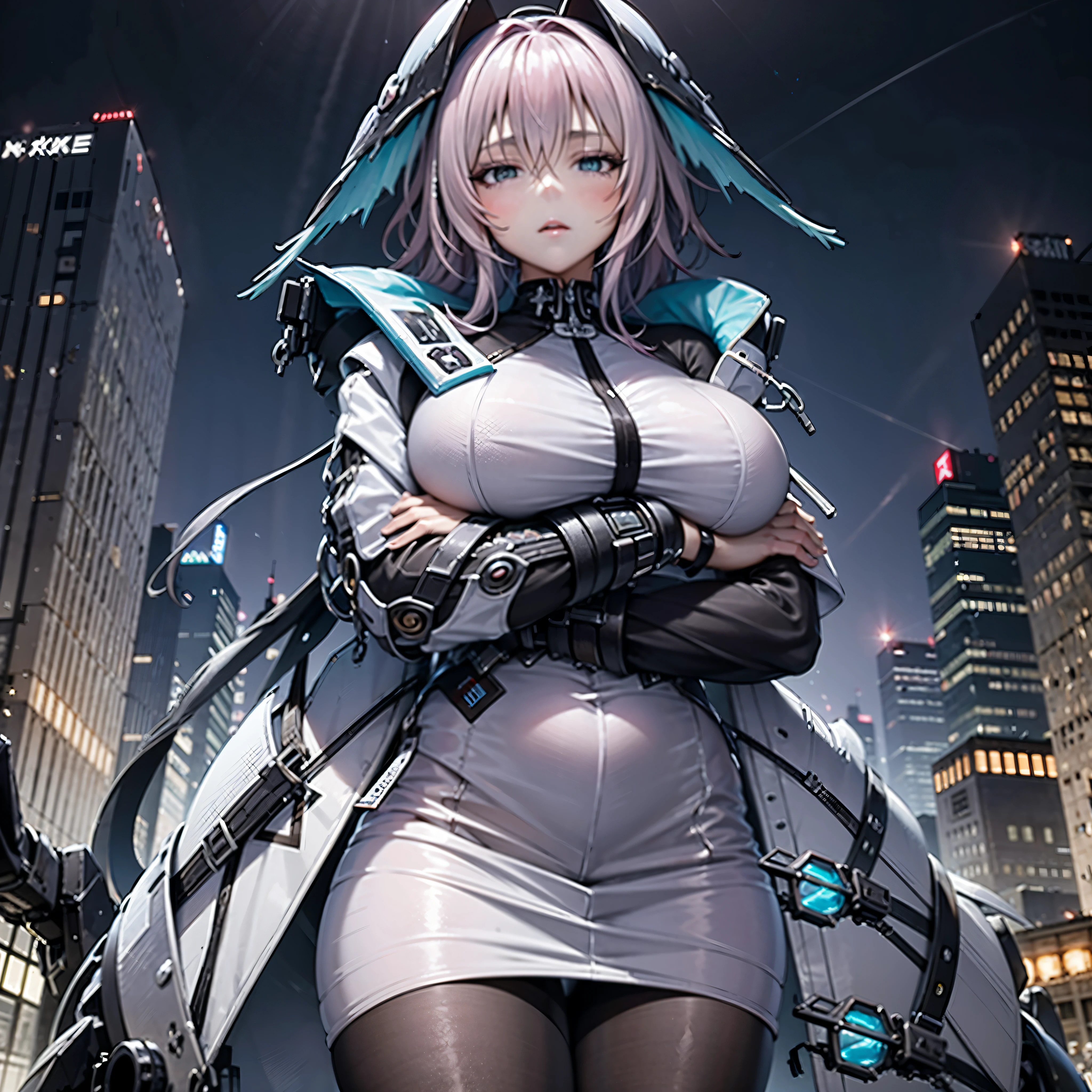 Anime girl in a futuristic outfit standing in front of a city - SeaArt AI