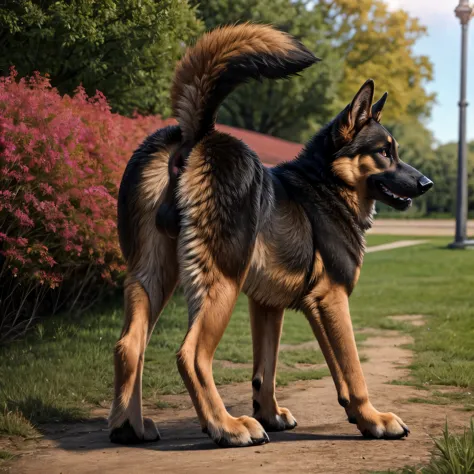 Feral German Shepard dog with its tail up showing off its puckered asshole