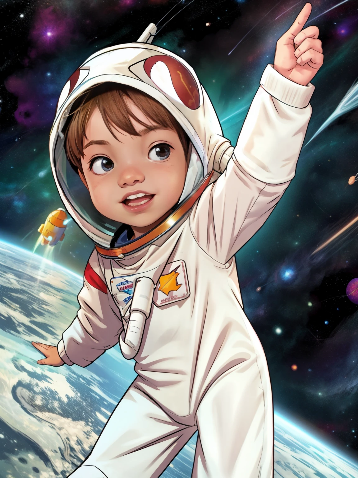 Style de dessin animé cinématographique. Bande dessinée. Visage TME0224, (((un petit garçon, 4 ans))) dans une drôle de nuit (((porter un costume d&#39;astronaute))). (((Fond d&#39;espace cosmique comique))). Éclairage cinématographique, ombre portée, chef-d&#39;œuvre, UHD, Anatomiquement correct, peau texturée, Super détail, détails élevés, Haute qualité, Meilleure qualité, 4k