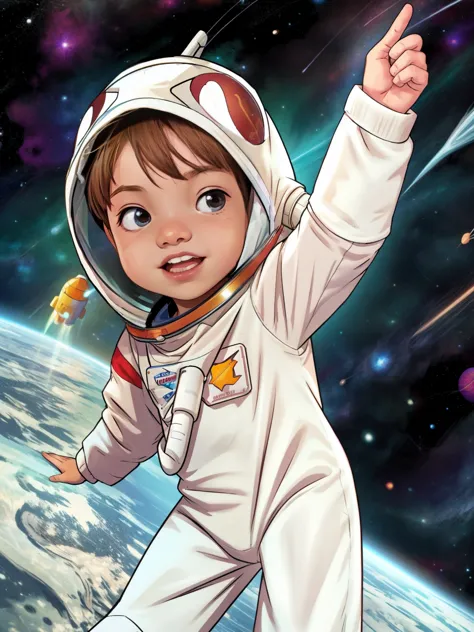 Cinematic Cartoon style. Comic art. TME0224 face, (((a baby boy, 4yo))) in a funny night (((wearing a astronaut costume))). (((C...