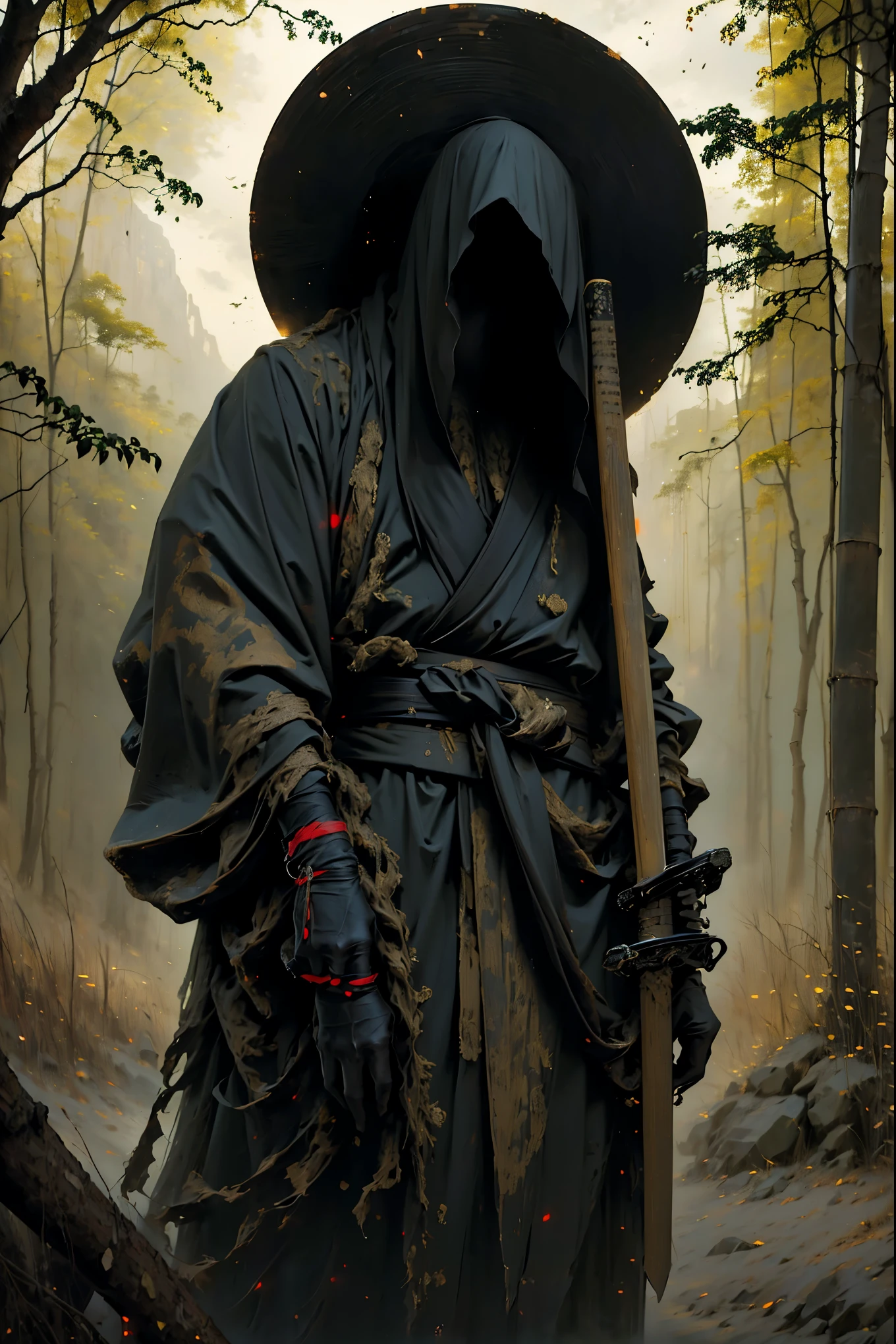 (best quality, 4k, highres, masterpiece:1.2), ultra-detailed, (realistic, photorealistic, photo-realistic:1.37), a man dressed as a samurai stands in the rain, wearing a bamboo hat (kasa) on his head. He is surrounded by a dense forest, alive with the sounds of nature. It's a moonlit night, and the darkness adds to the mysterious ambiance. The man is wearing a black kimono with neon red stripes that glow in the darkness, making him stand out in the scene. His sword (katana) is unsheathed, ready for action in the face of imminent disasters.