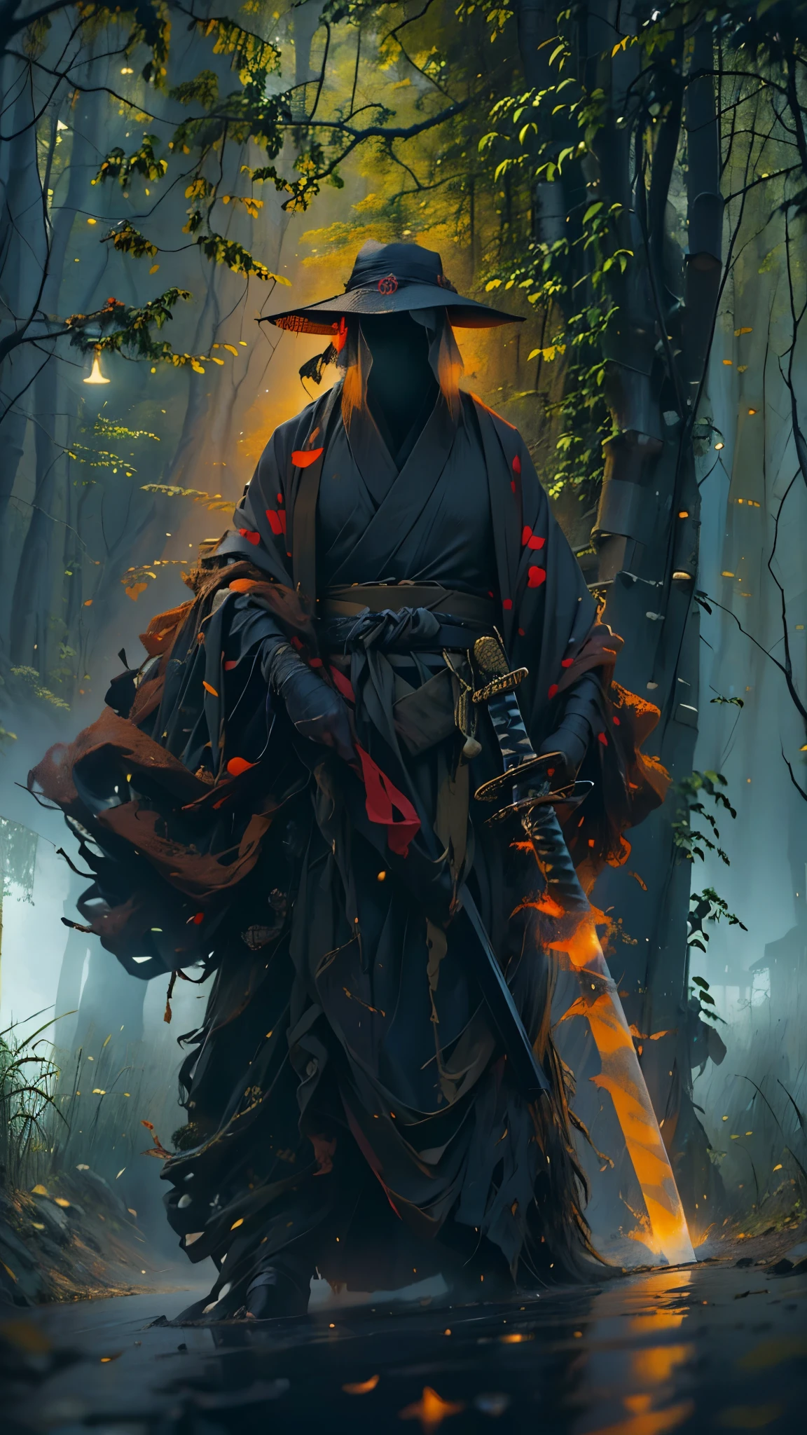 (best quality, 4k, highres, masterpiece:1.2), ultra-detailed, (realistic, photorealistic, photo-realistic:1.37), a man dressed as a samurai stands in the rain, wearing a bamboo hat (kasa) on his head. He is surrounded by a dense forest, alive with the sounds of nature. It's a moonlit night, and the darkness adds to the mysterious ambiance. The man is wearing a black kimono with neon red stripes that glow in the darkness, making him stand out in the scene. His sword (katana) is unsheathed, ready for action in the face of imminent disasters.
