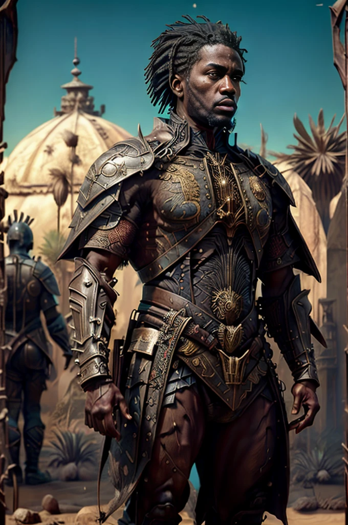 guerreiro africano, negro, rosto harmonioso, roupas de couro velho alaranjado, cabelo crespo, tom de pele mulato, proporção perfeita, Estilo Raymond Swanland, parado na frente de uma ruína no deserto, visão distante, qualidade de imagem 8K, brilho, imagem delicada, cheio tiro no corpo, ficha de personagem, 3d, CGI