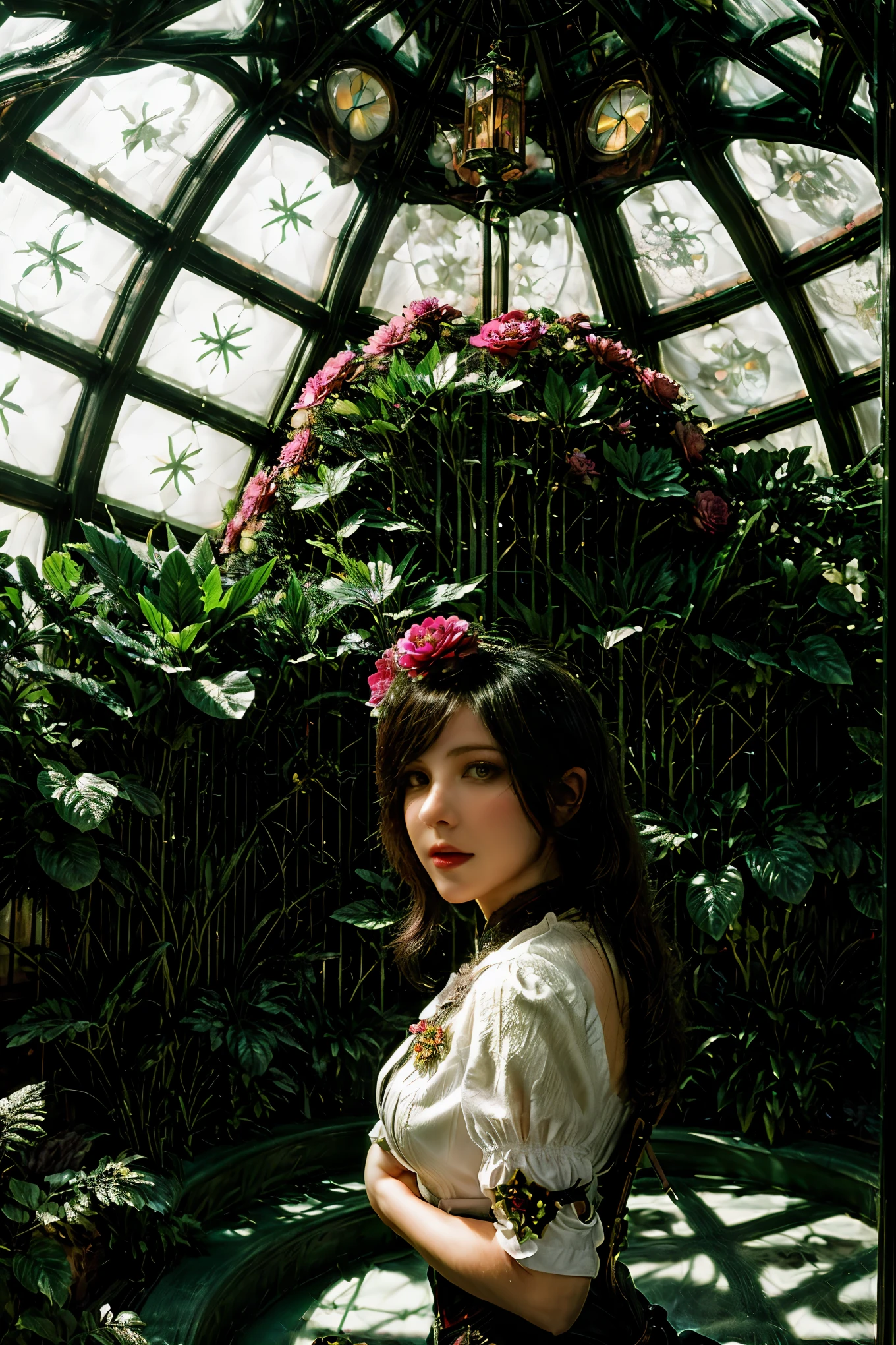 Inside a winter garden botanical conservatory designed in Art Deco style with a steampunk twist, blooming roses flourish under a glass-dome roof amid lush tropical plants and a stone floor, framed by huge glass windows and floral stained glass elements, neon colors infuse the scene with a dreamy, fantasy ambiance reminiscent of the works of John William Waterhouse, Charlie Bowater, Agnes Cecile, Mucha, and Gabriel Ferrier, digital illustration with golden ratio, sharp focus