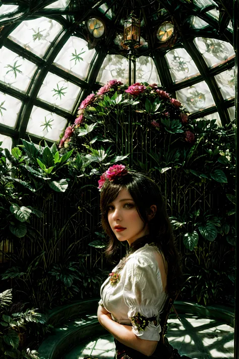 Inside a winter garden botanical conservatory designed in Art Deco style with a steampunk twist, blooming roses flourish under a...