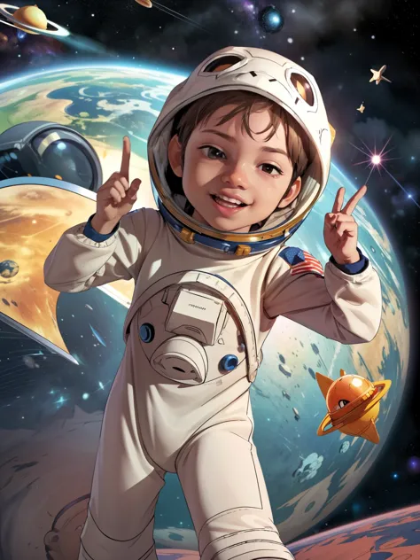 Cinematic Cartoon style. Comic art. TME0224 face, (((a baby boy, 4yo))) in a funny night (((wearing a astronaut costume))). (((C...