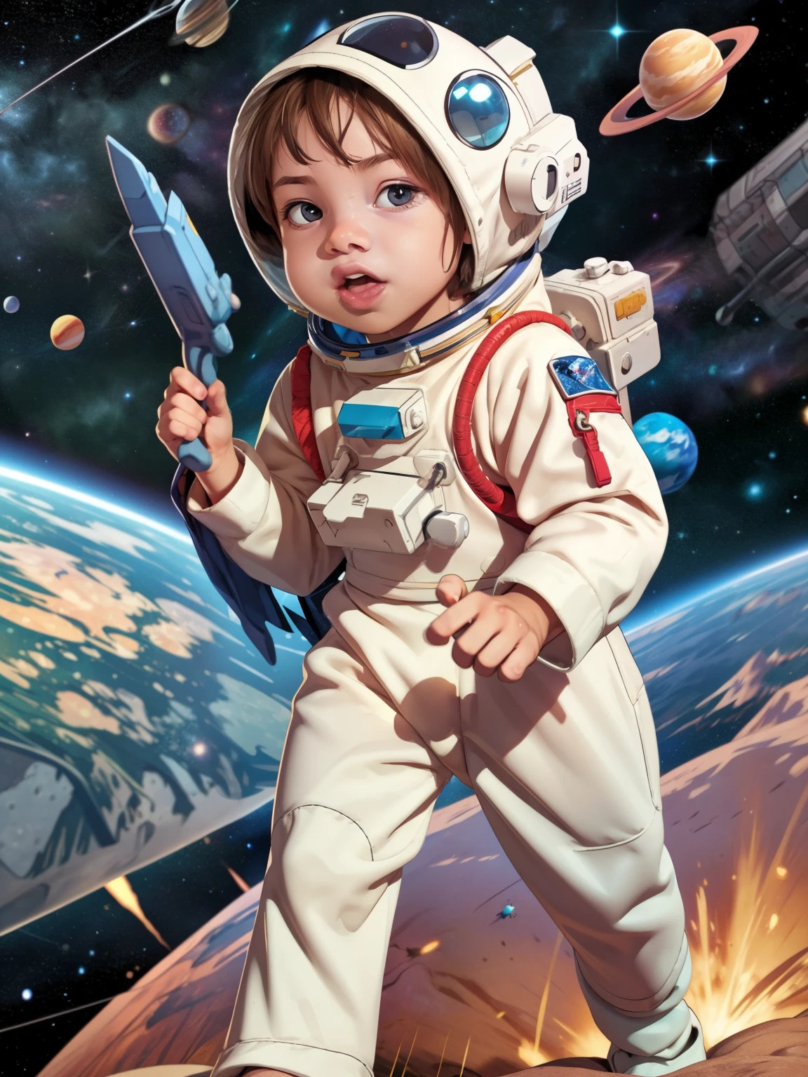 Cinematic Cartoon style. Comic art. TME0224 face, (((a baby boy, 4yo))) in a funny night (((wearing a astronaut costume))). (((Comic cosmic space background))). cinematic lighting, drop shadow, masterpiece, UHD, anatomically correct, textured skin, super detail, high details, high quality, best quality, 4K