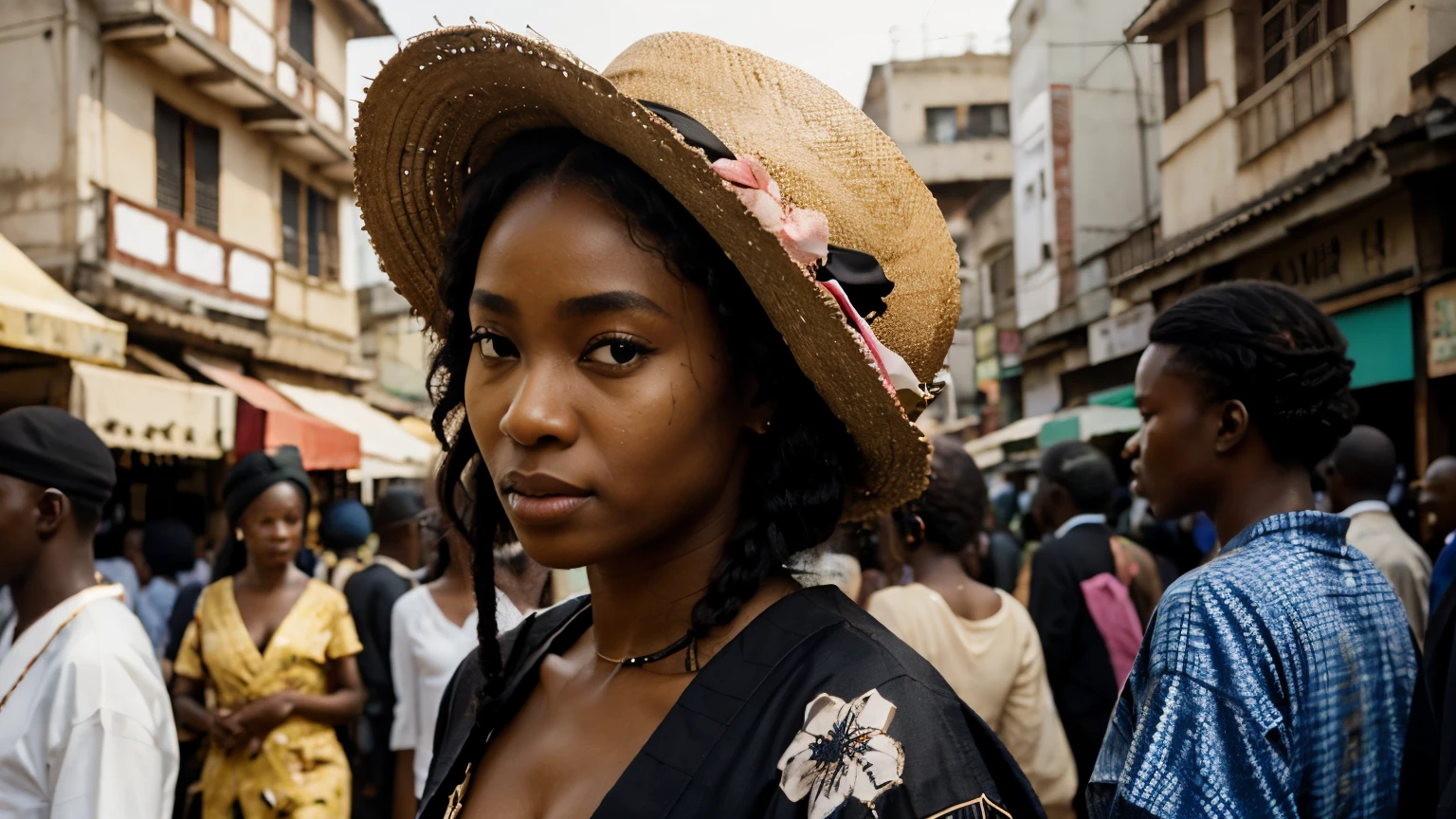 A  black nigerian noble princess disguised as a commoner in the bustling streets of Edo, nigeria  wearing a simple kimono with her  blak africanhair tucked under a straw hat, her sharp eyes scanning the crowd."