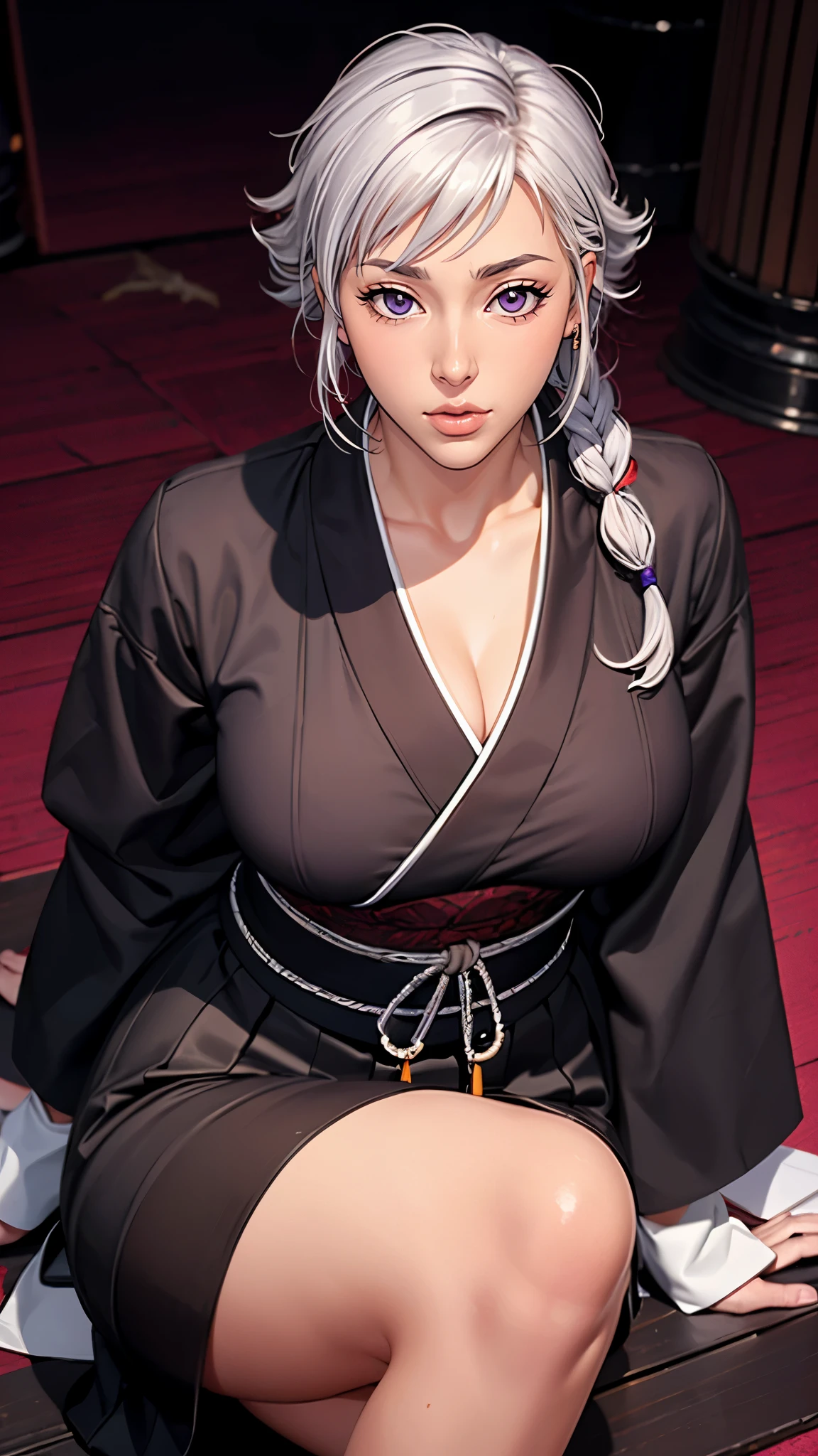 （（（Perfect figure，figure，long sleeves, japanese clothes, kimono, haori, black kimono, hakama, black hakama,（（（isane kotetsu, short hair, braid, white hair, (purple eyes:1.1), hair braid, ））），（（（wide hips））），S-shaped figure:1.7））），((masterpiece)),high resolution, ((Best quality at best))，masterpiece，quality，Best quality，（（（ Exquisite facial features，looking at the audience,There is light in the eyes，blush，Happy））），（（（Interlacing of light and shadow，huge ））），（（（looking into camera，Ghost Road，glow，from above，looking down，,sit astride，spread legs，Put your hands behind your back）））