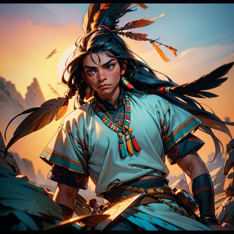 Hyperrealistic cinematic image of a native Indian with feathers on his head, Arte nativa americana, Indian warrior, Nativo ameri...
