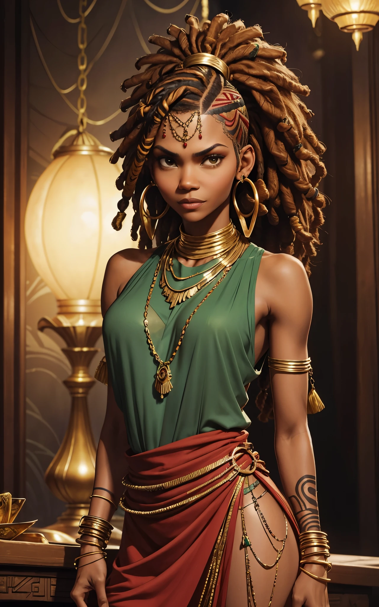 (Zendaya:Halle Berry) dressed like a nigerian chaman, red green and yellow sleeveless tunic, (high top fade haircut and dreads) tribal tattoo in the face, (golden rings necklace), Lovecraft atmosphere, masterpiece, hyperdetailed