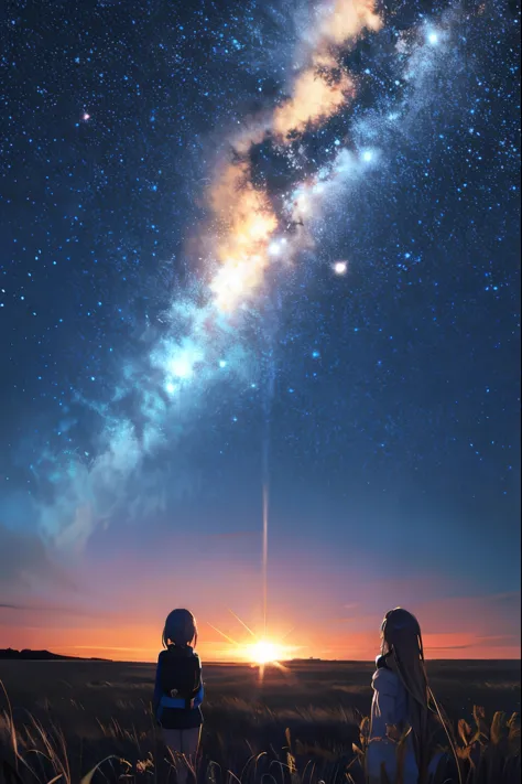 wallpaper　Starry sky full of stars　grassland　observatory